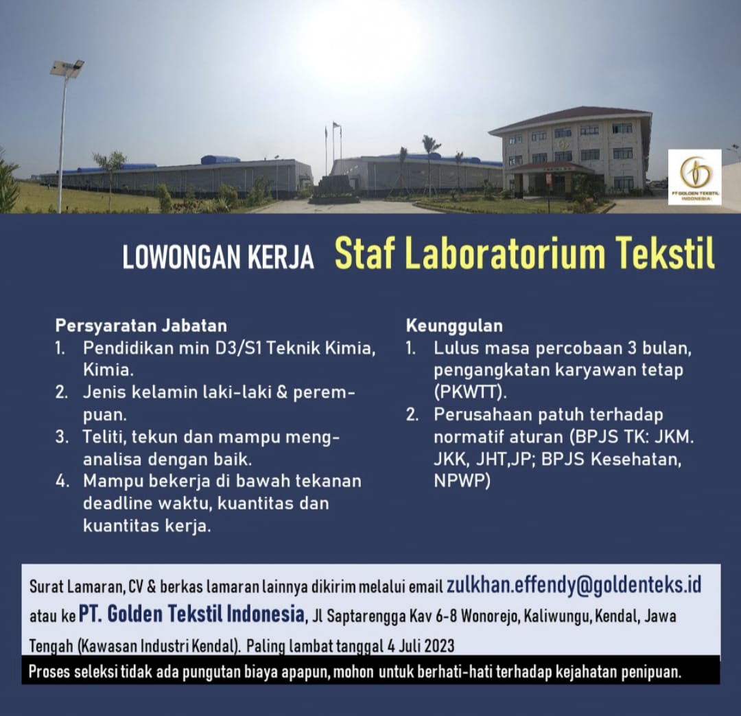 Staff Laboratorium Tekstil @PT, GOLDEN TEKSTIL INDONESIA