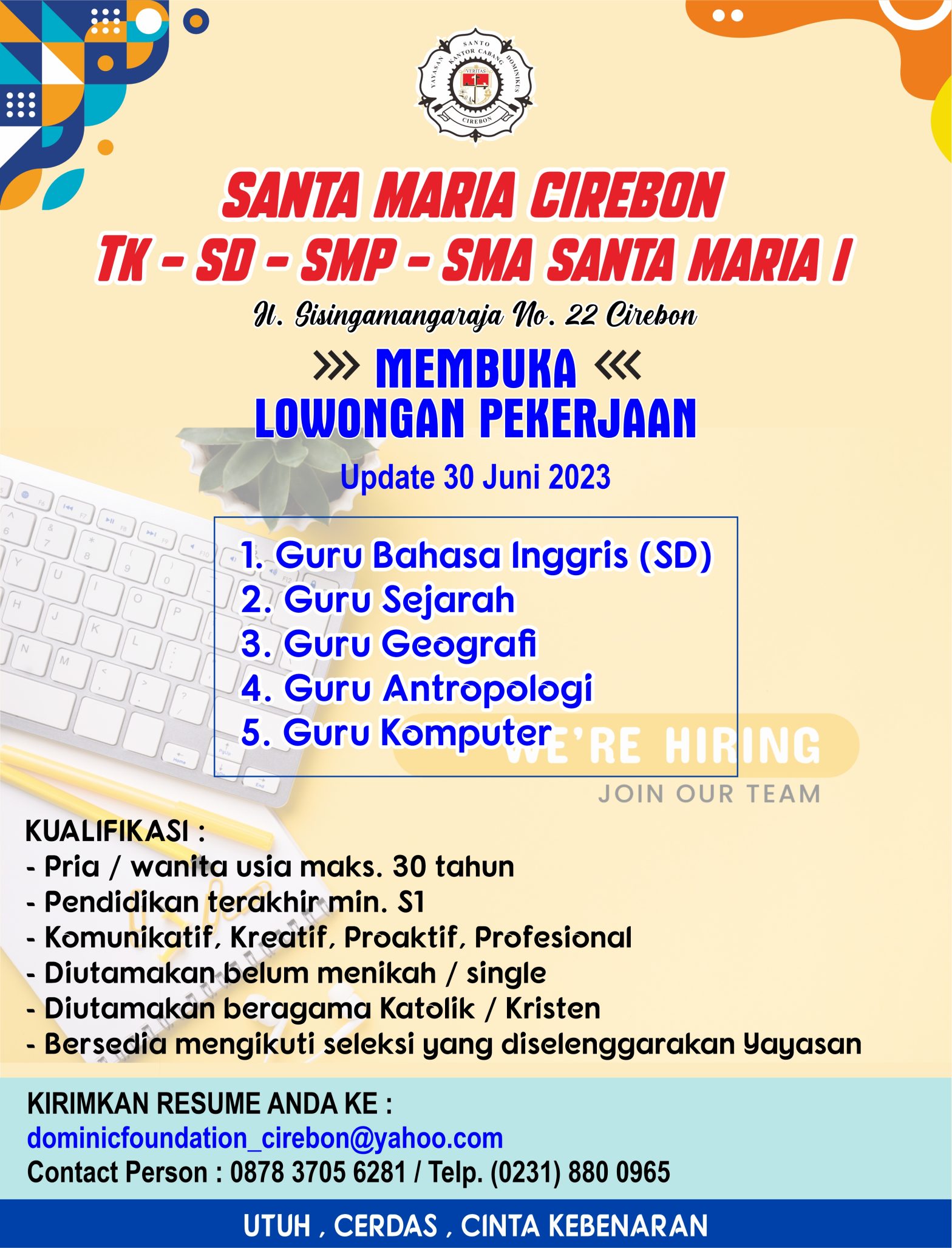 Guru Bahasa Inggris dan Guru Komputer @YAYASAN SANTA MARIA CERIBON