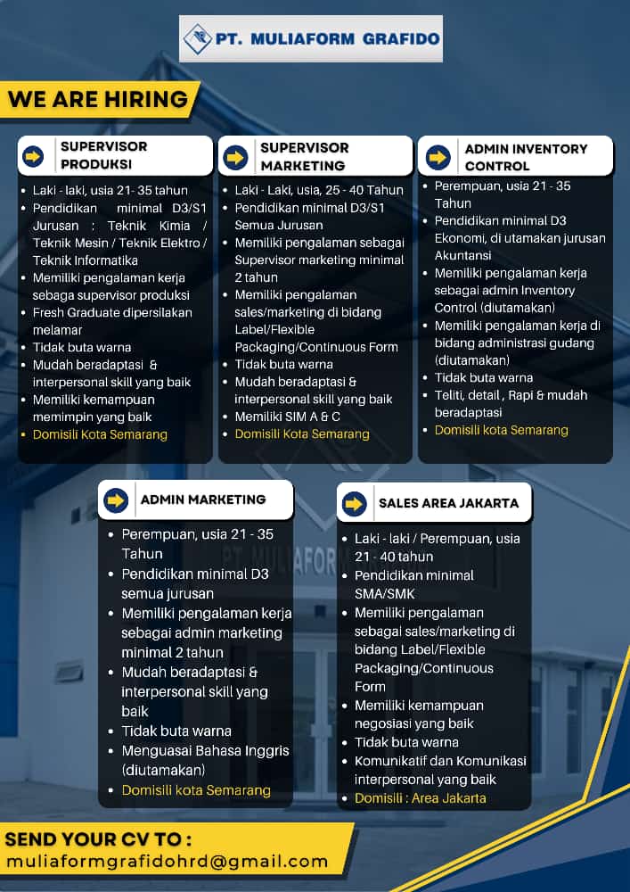 Supervisor Produksi, Marketing, Admin Inventory Control @PT. MULIAFORM GRAFIDO
