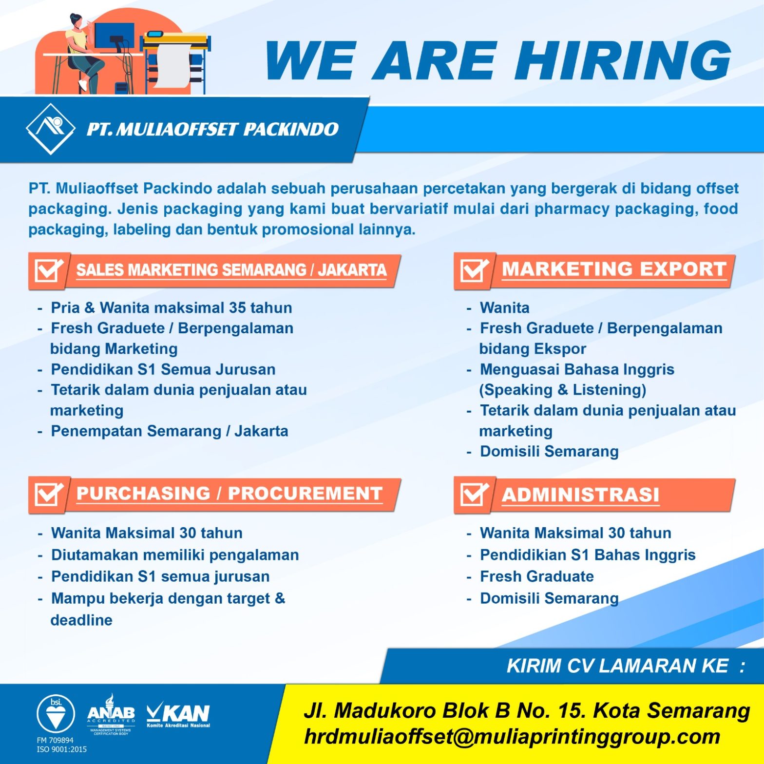 Lowongan Kerja Juli 2023 – PT. MULIAOFFSET PACKINDO – Sales Marketing & Marketing Export