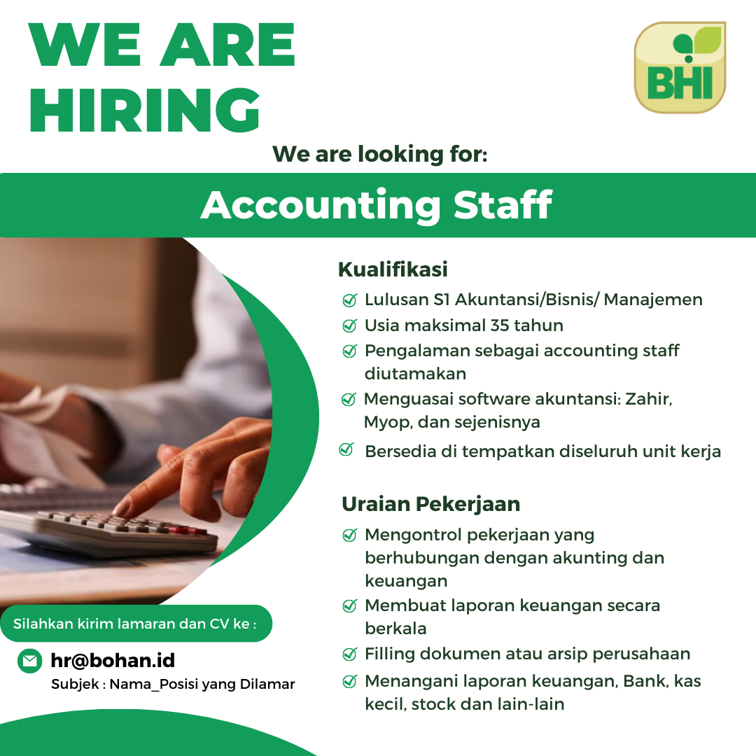 Lowongan Kerja Agustus 2023 – PT BOGA HANDAL INDONESIA – Accounting Staff