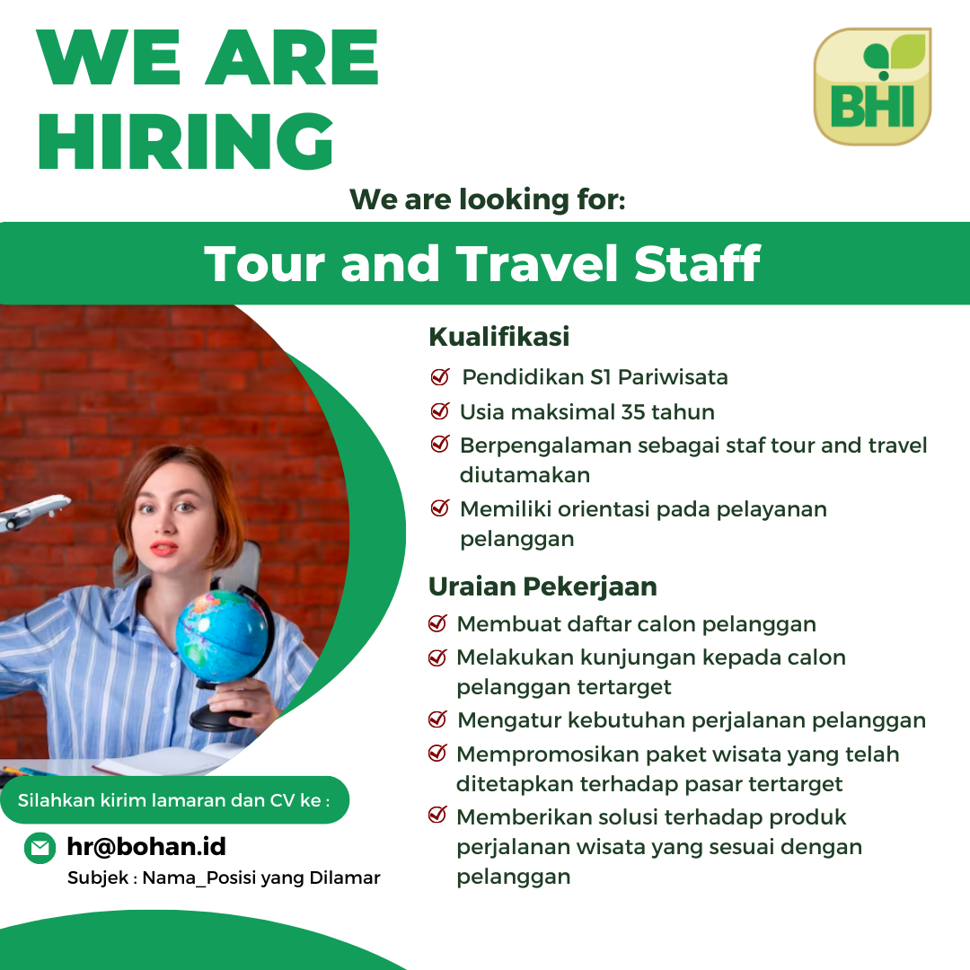 Lowongan Kerja Agustus 2023 – PT BOGA HANDAL INDONESIA – Tour & Travel Staff