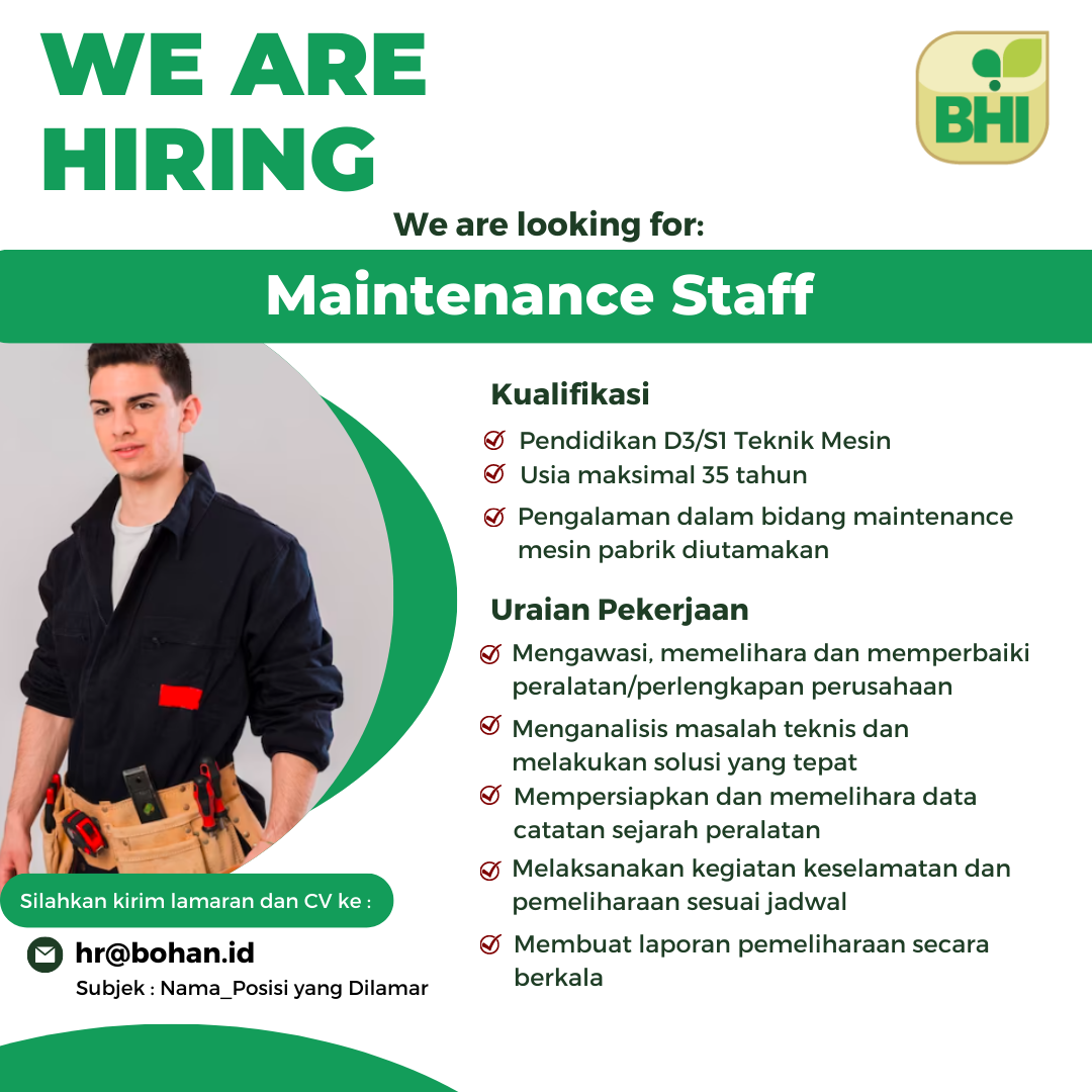 Lowongan Kerja Agustus 2023 – PT BOGA HANDAL INDONESIA – Maintenance Staff