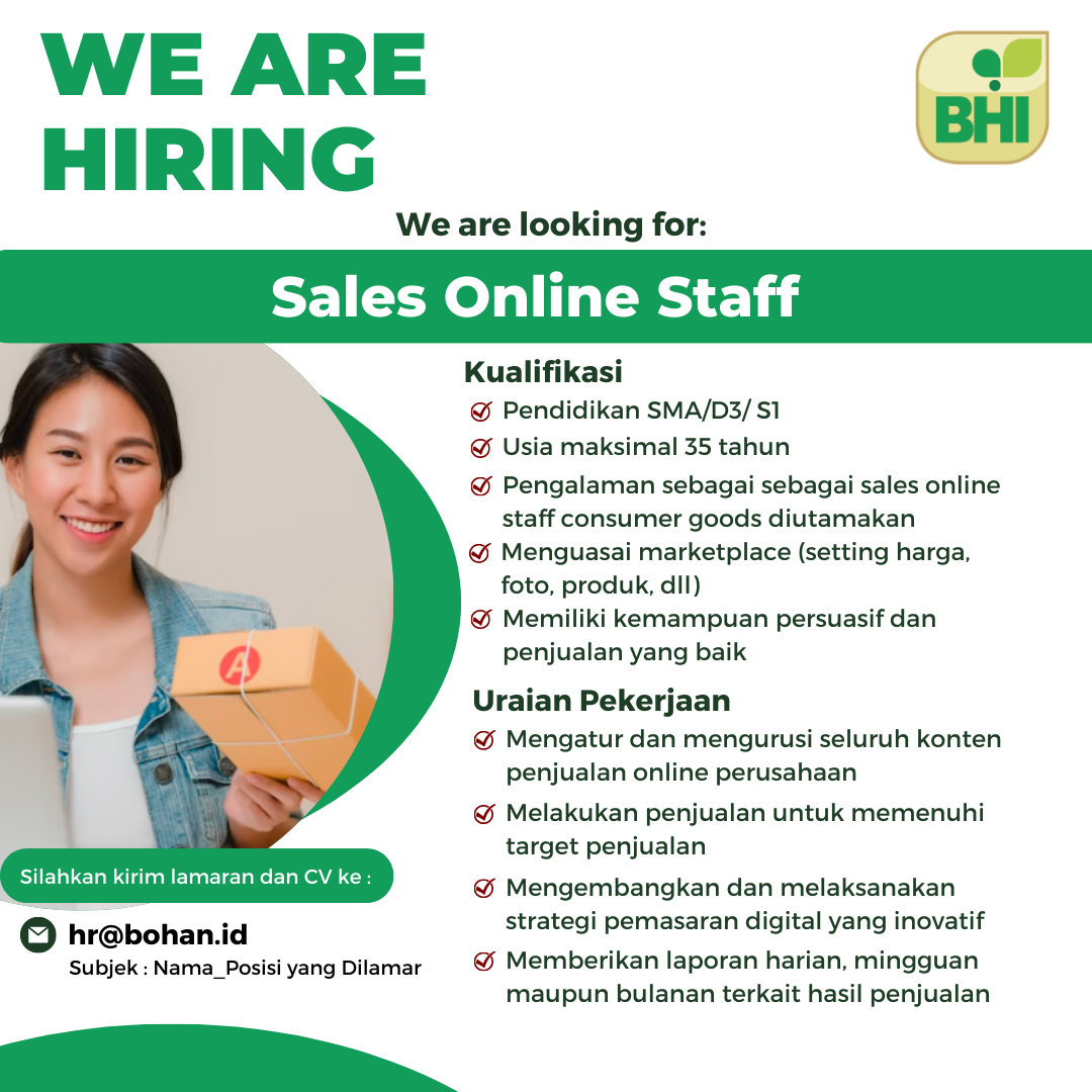 Lowongan Kerja Agustus 2023 – PT BOGA HANDAL INDONESIA – Sales Online Staff