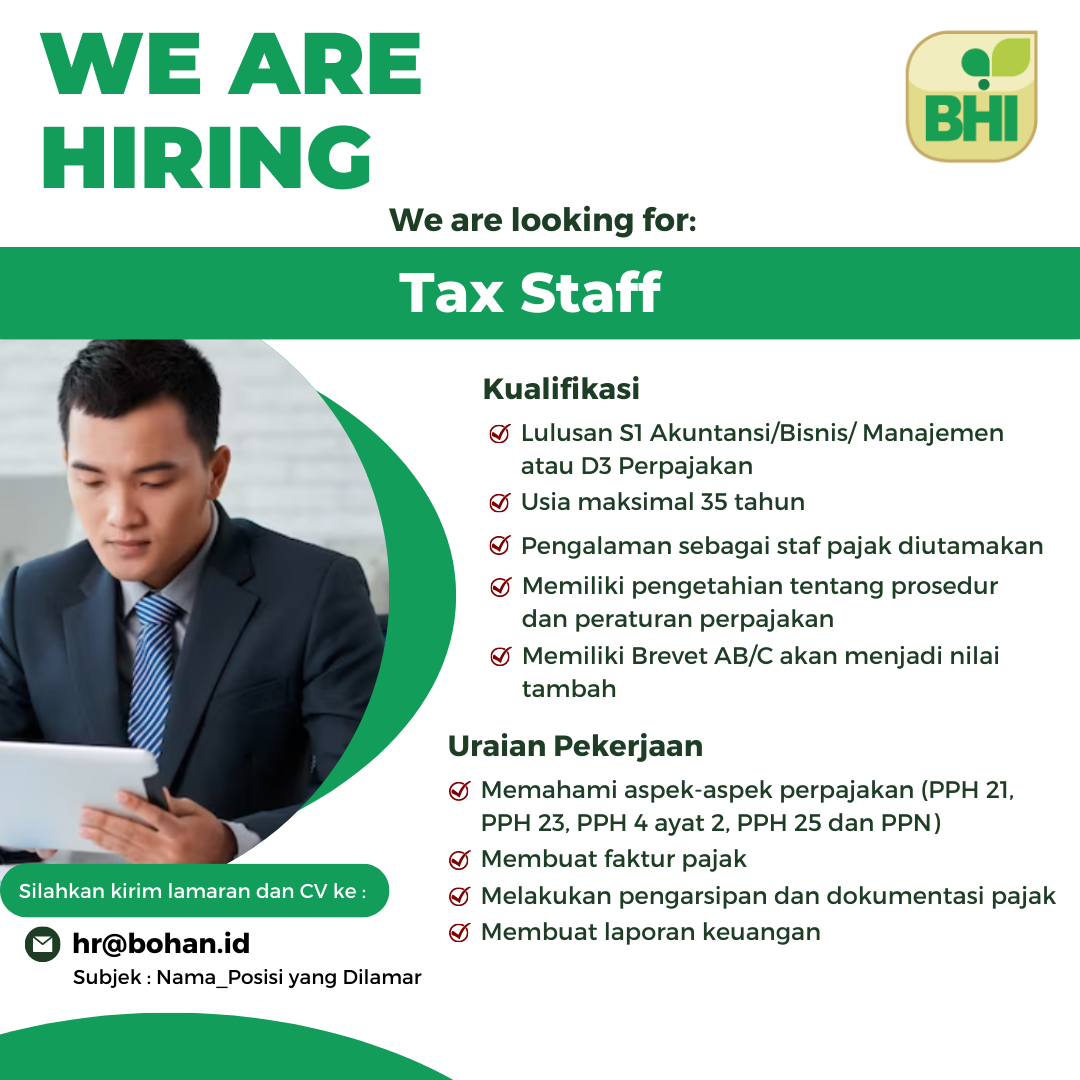 Lowongan Kerja Agustus 2023 – PT BOGA HANDAL INDONESIA – Tax Staff