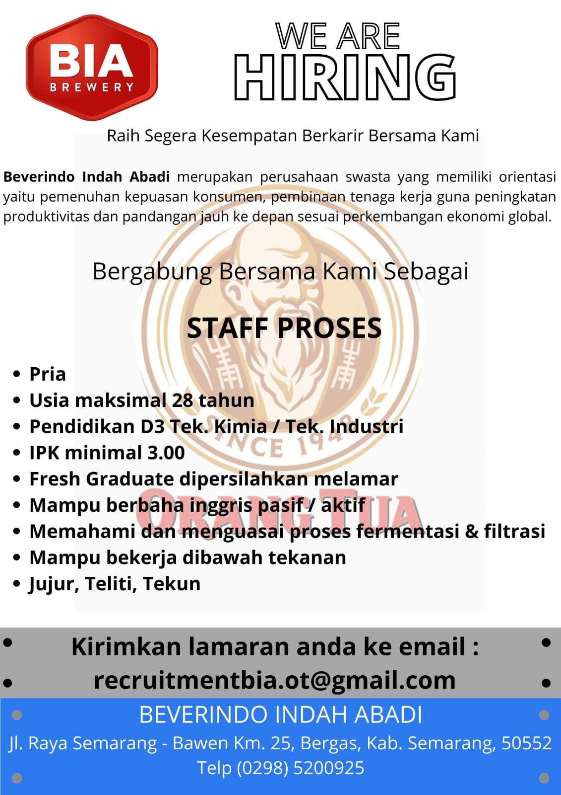 Lowongan Kerja Agustus 2023 – Beverindo Indah Abadi – Staff Proses