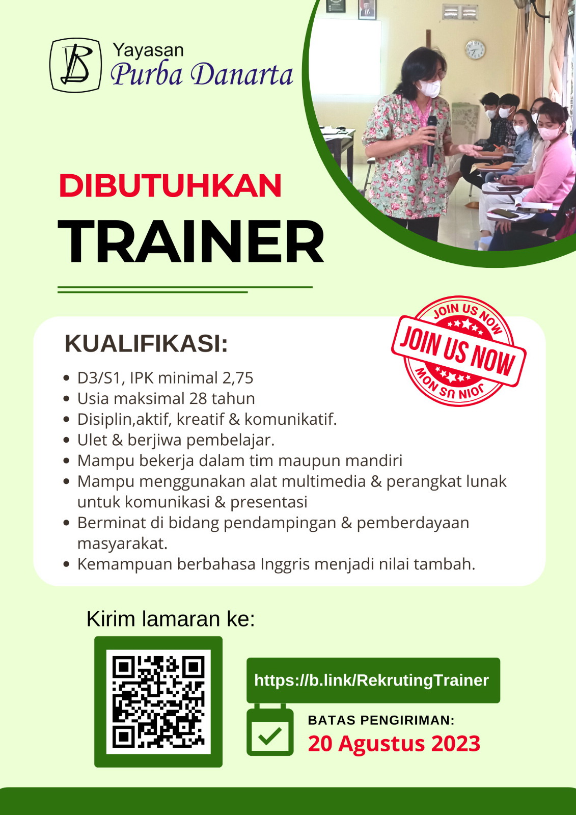 Lowongan Kerja Agustus 2023 – YAYASAN PURBA DANARTA – Trainer