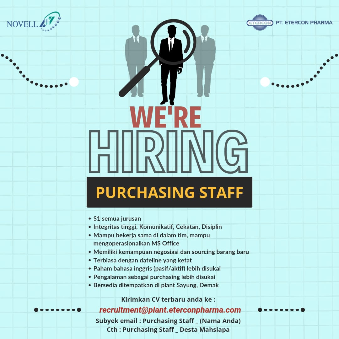 Lowongan Kerja Agustus 2023 – PT. ETERCON PHARMA – Purchasing Staff