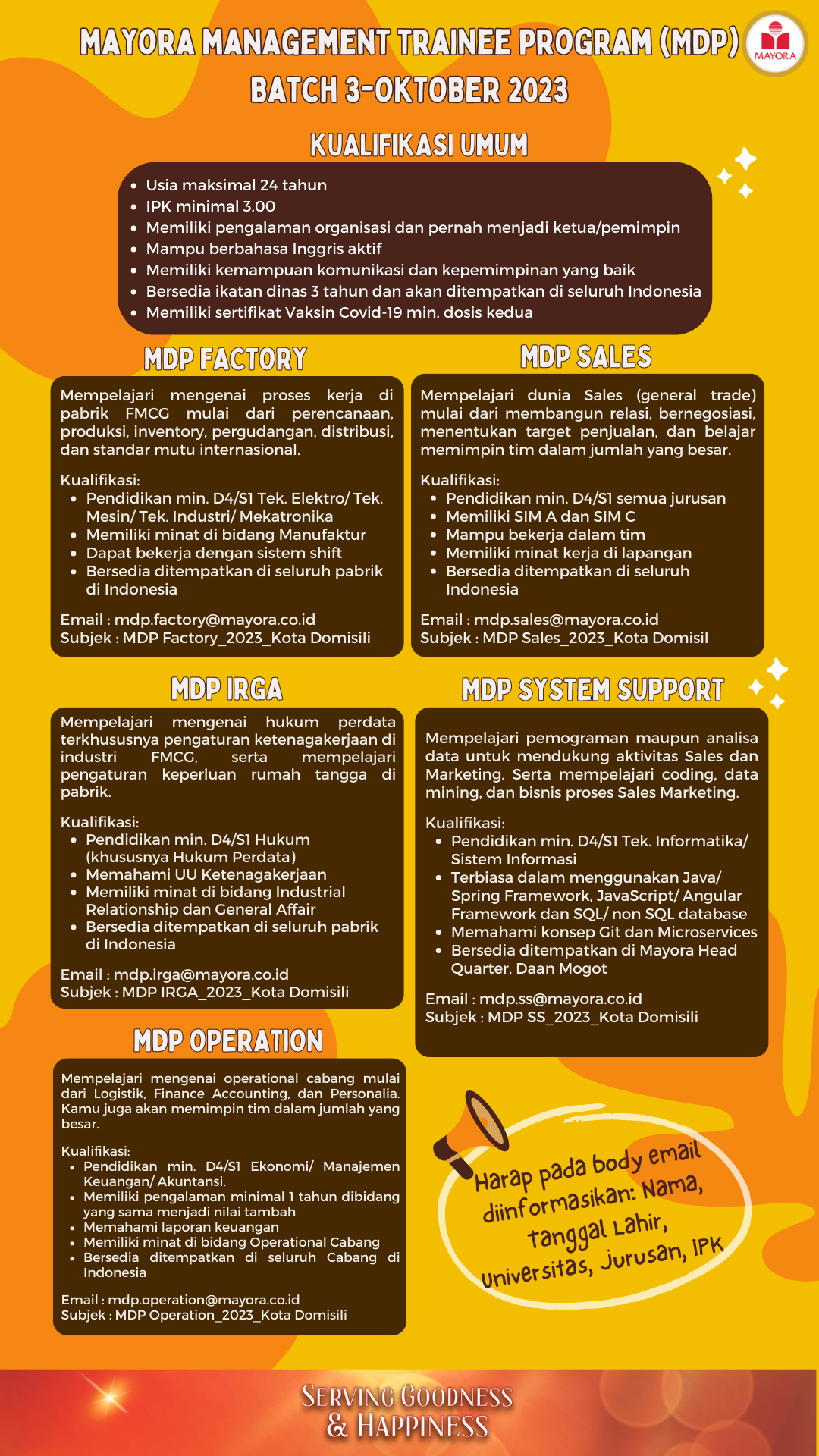 Lowongan Kerja Agustus 2023 – MAYORA – MDP FACTORY, IRGA, SYSTEM SUPPORT,OPERATION, SALES