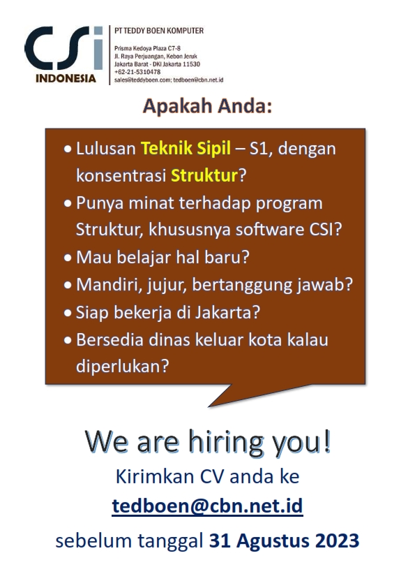 Lowongan Kerja Agustus 2023 – PT. TEDDY BOEN KOMPUTER – Teknik Sipil Strucktur CSI