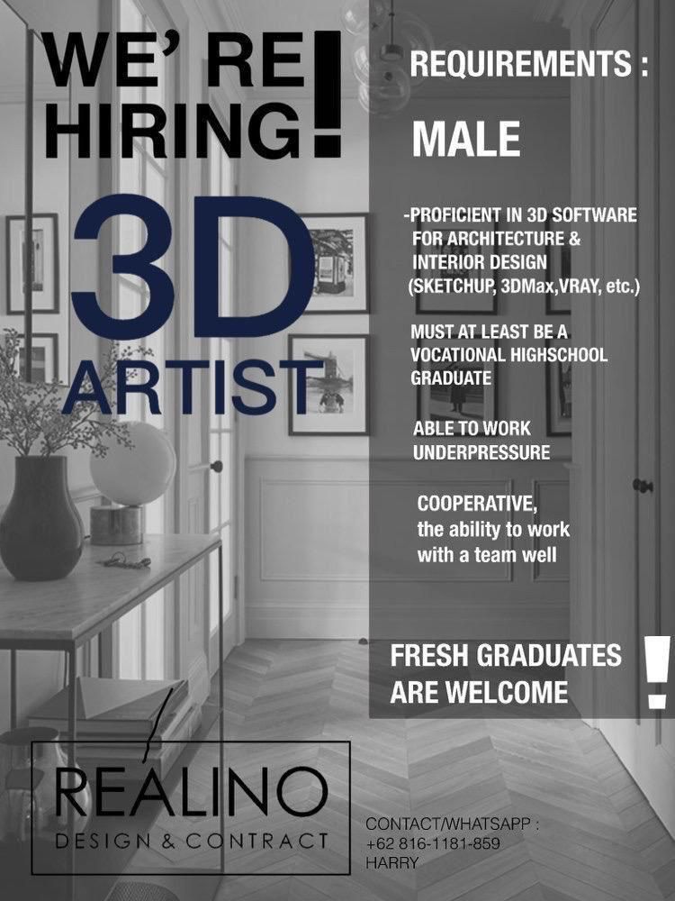 Lowongan Kerja Agustus 2023 – PT. Realino Design & Contract -3D Artist