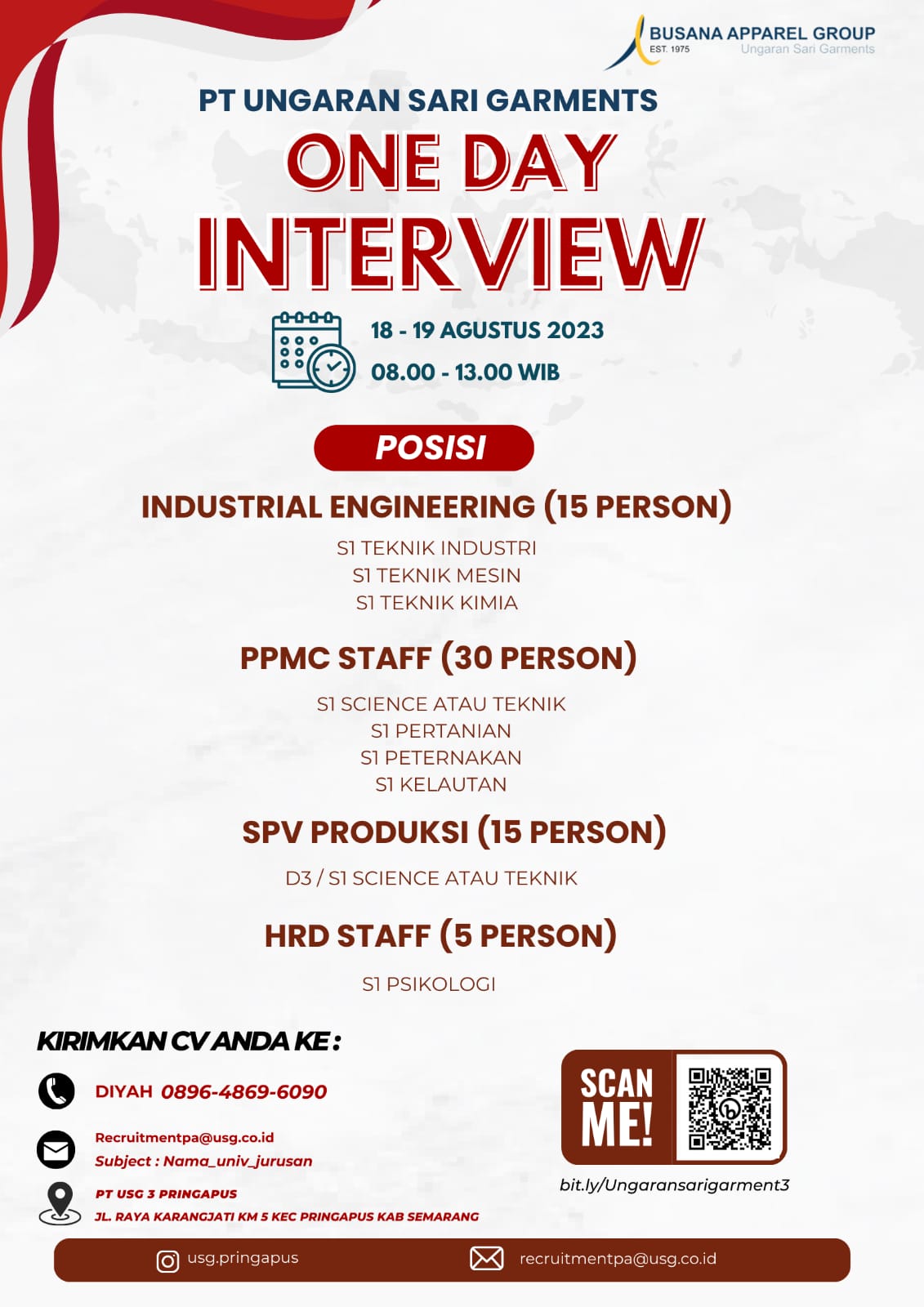 Lowongan Kerja Agustus 2023 – Ungaran Sari Garmen – Industrian Engineering, PPMC Staff, SPV Produksi, HRD Staff