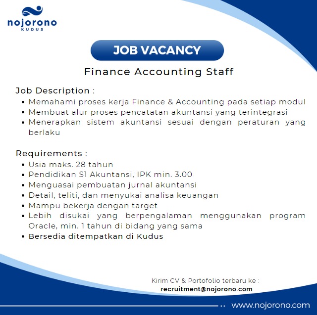 Lowongan Kerja September 2023 –  Nojorono -Finance Accounting Staff