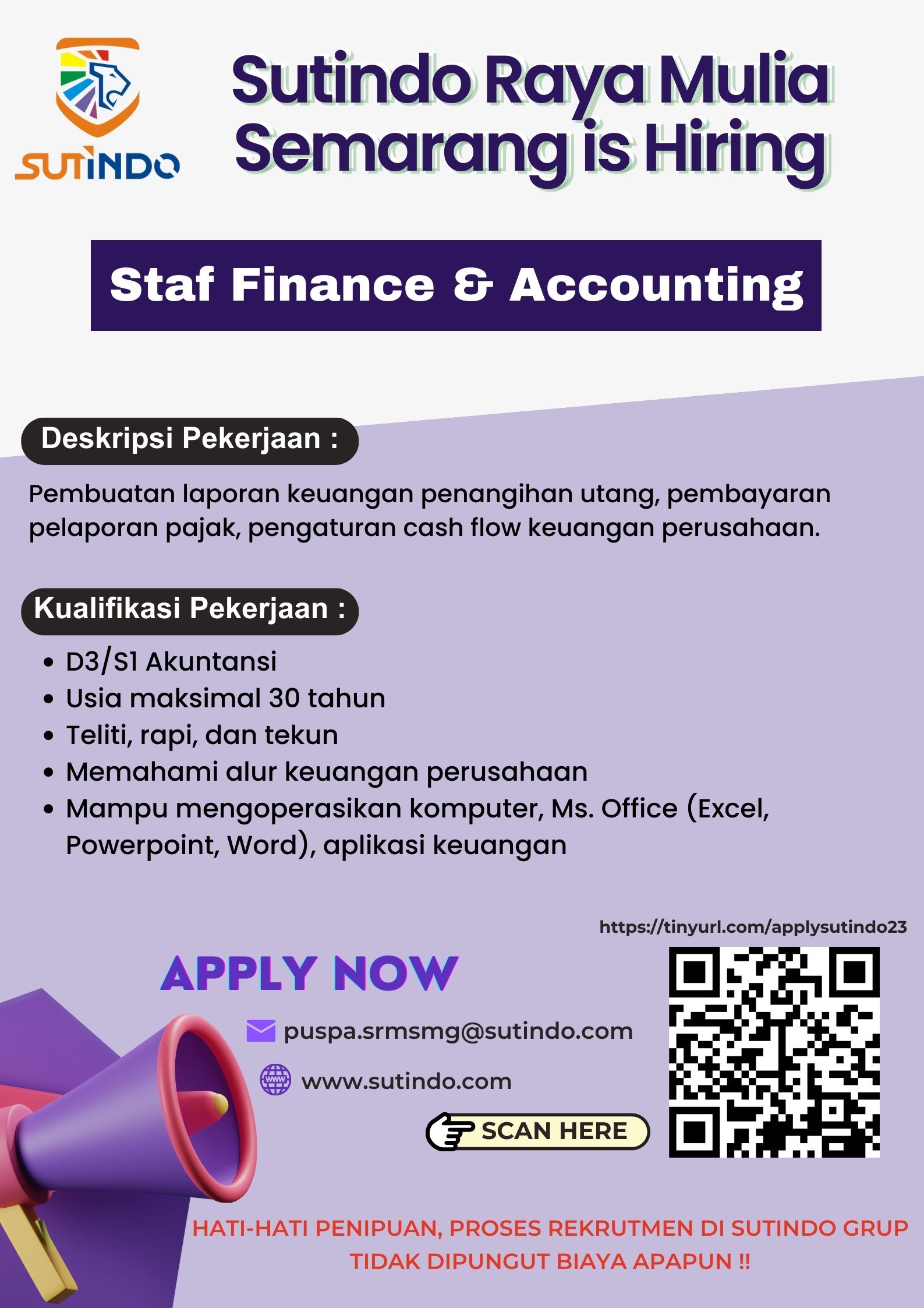 Lowongan Kerja September 2023 – PT Sutindo Raya Mulia – Staff Finance Accounting