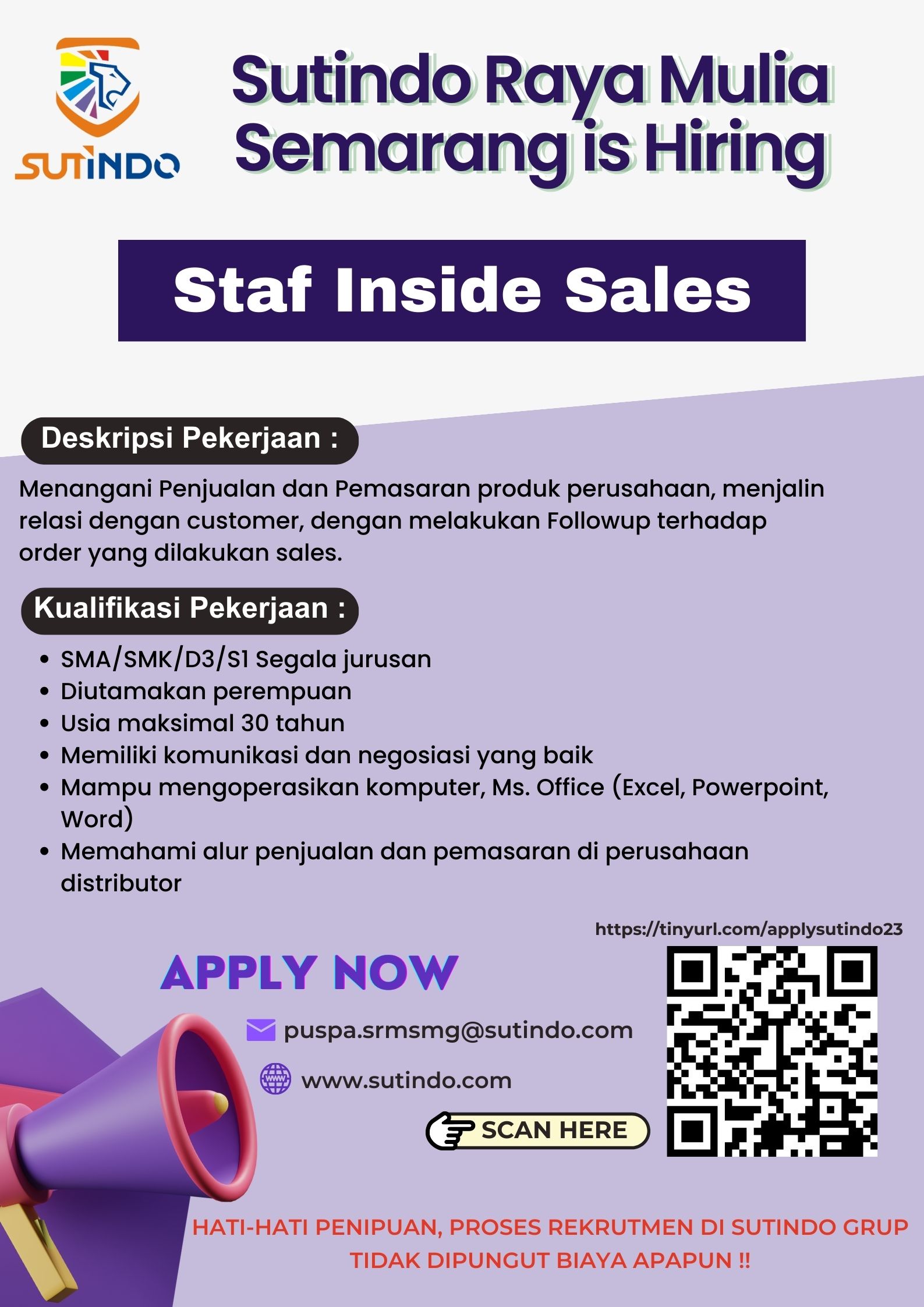 Lowongan Kerja September 2023 – SUTINDI RAYA MULIA – Staf Inside Sales