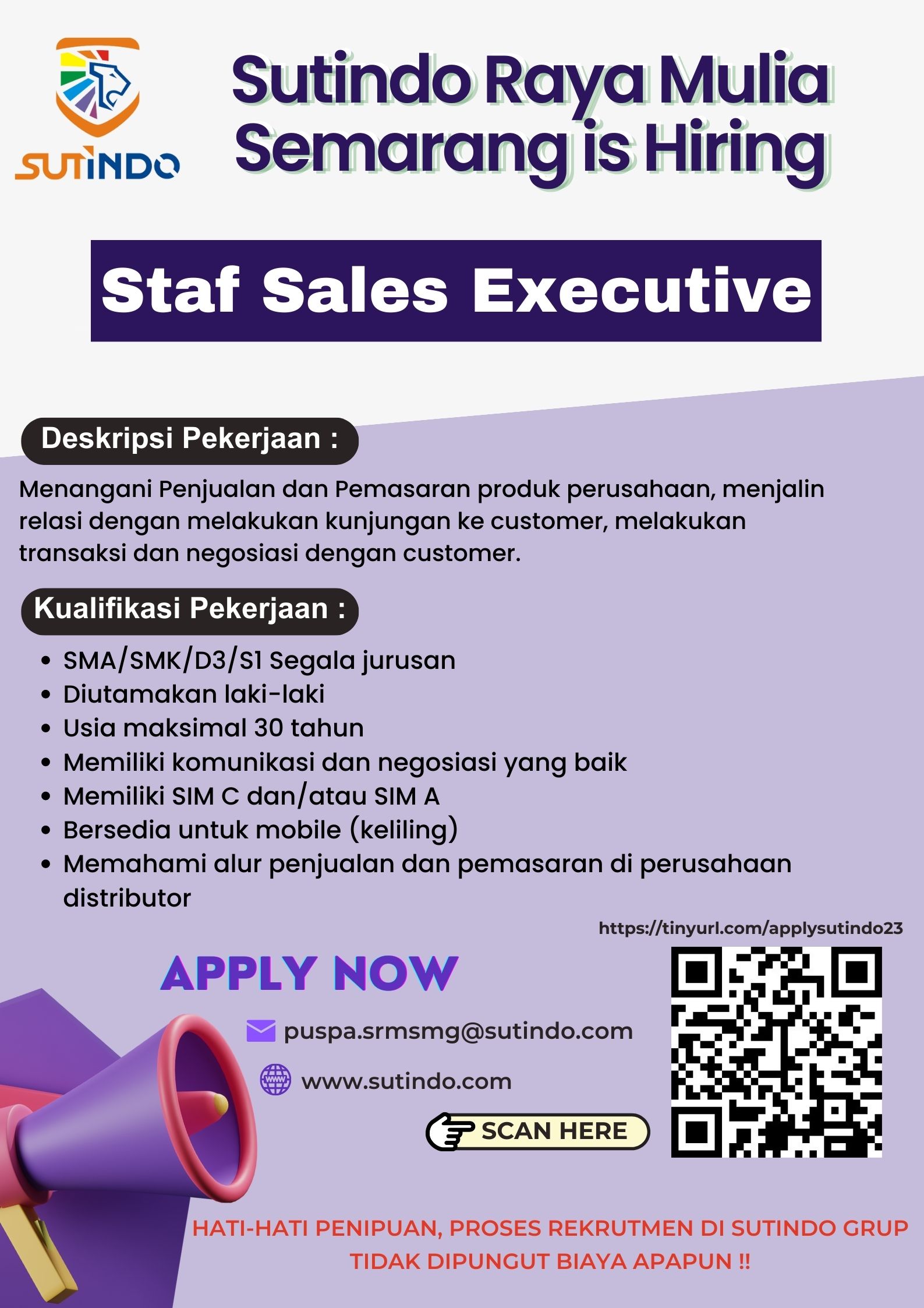 Lowongan Kerja September 2023 – PT Sutindo Raya Mulia – Staff Sales Executive