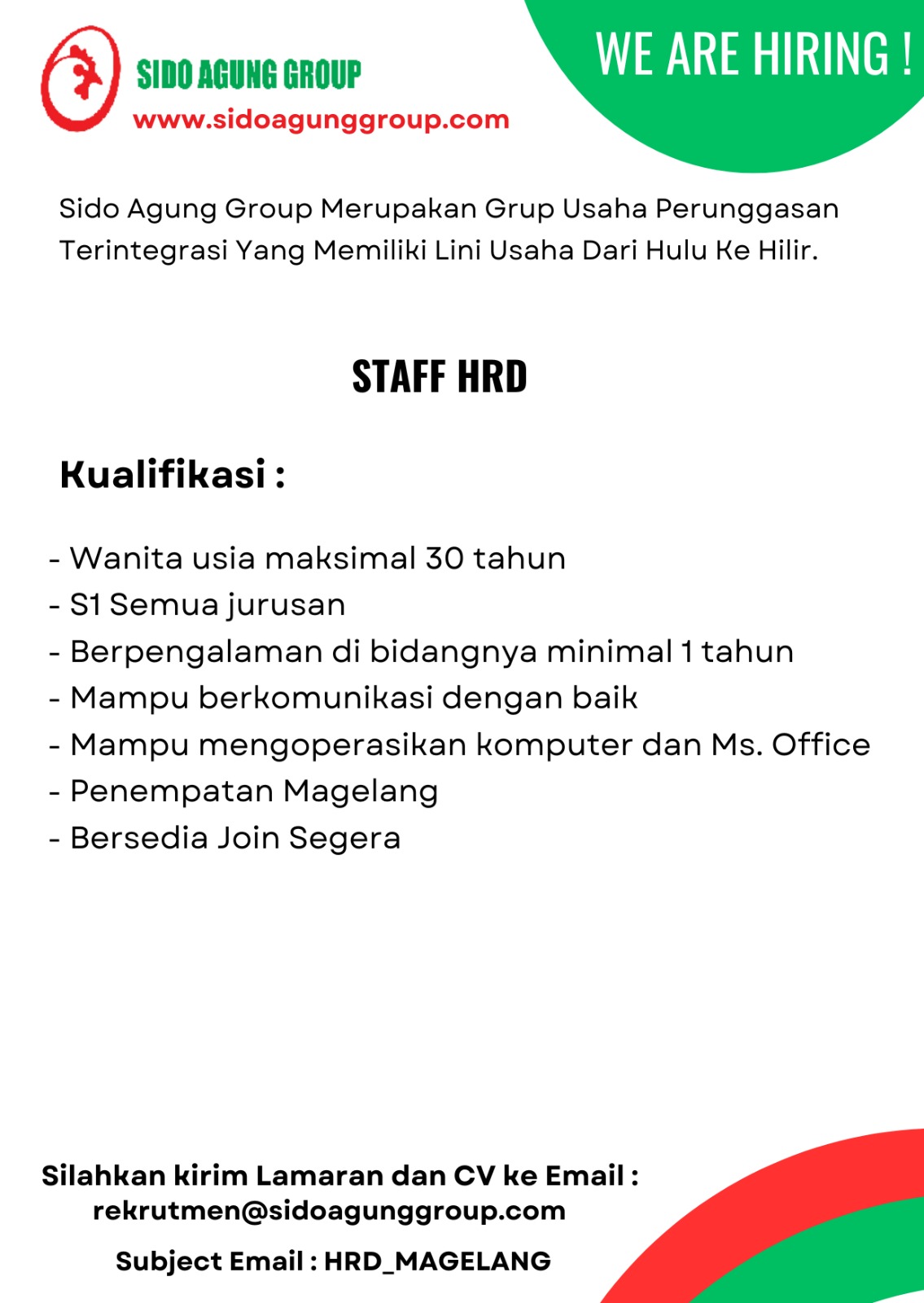 Lowongan Kerja September 2023 – Sido Agung Group – Staff HRD