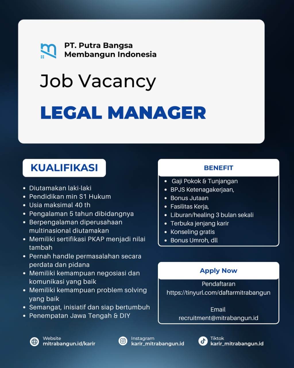 Lowongan kerja September 2023-PT. PUTRA BANGSA MEMBANGUN INDONESIA-Legal Manager