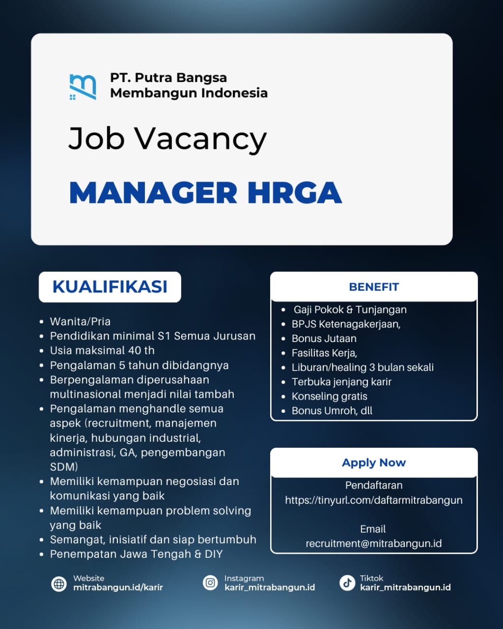 Lowongan kerja September 2023-PT. PUTRA BANGSA MEMBANGUN INDONESIA-Manager HRGA