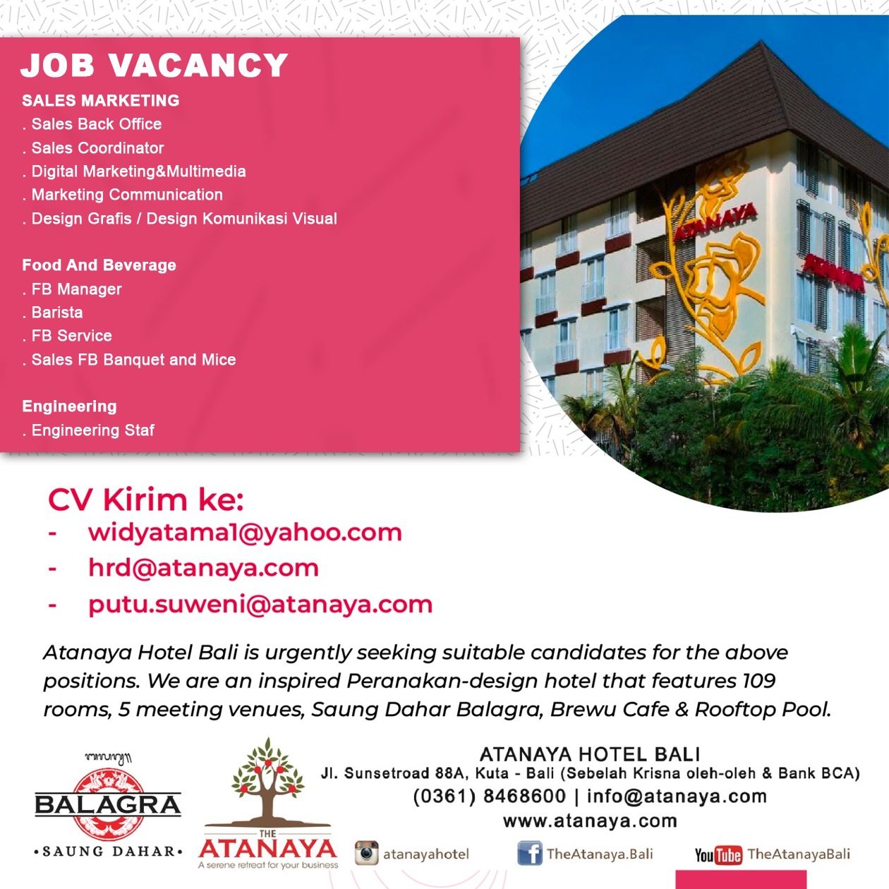 Lowongan Kerja Oktober 2023 – HOTEL ATANAYA – Sales Marketing