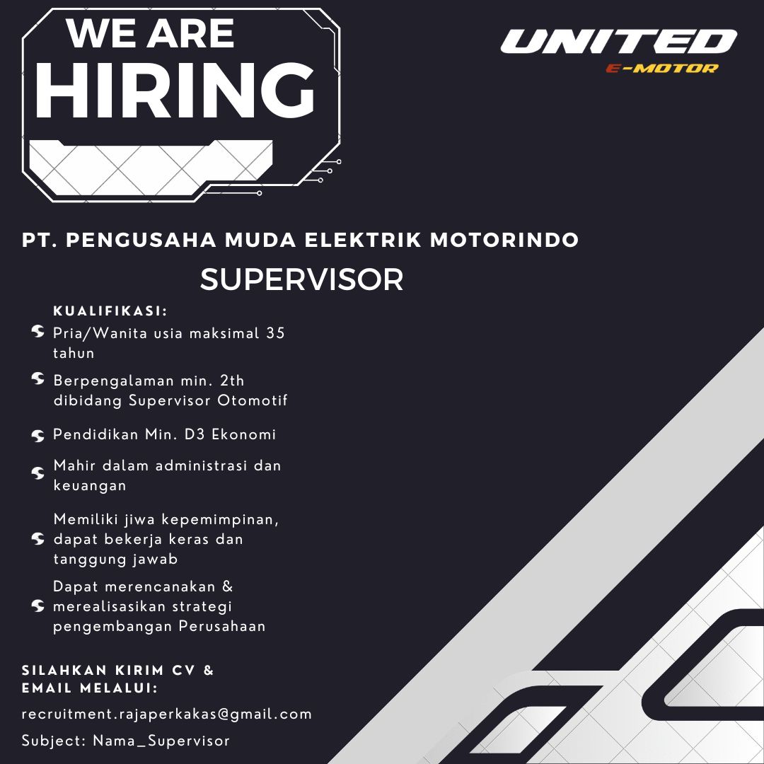 Lowongan Kerja Oktober 2023 – United Motor – Supervisor