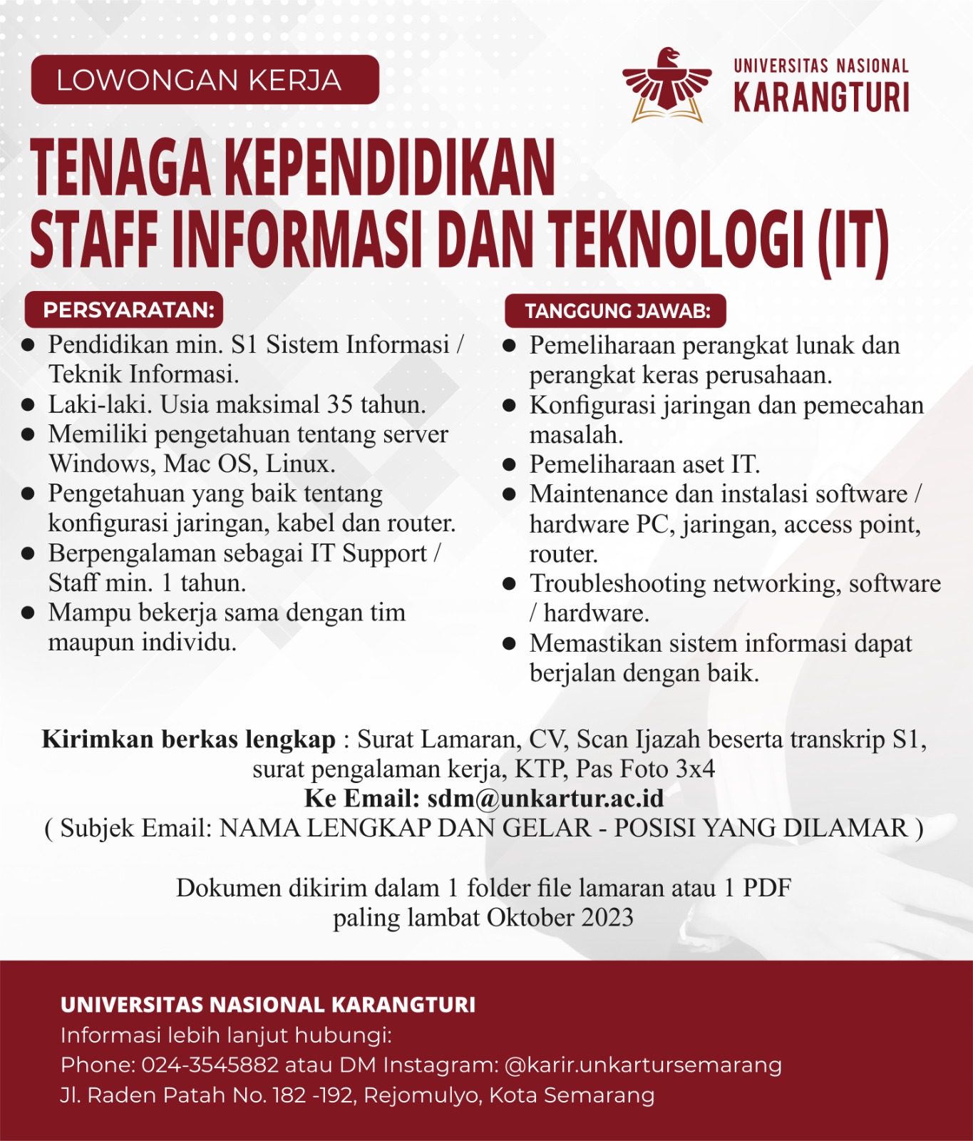 Lowongan Kerja Oktober 2023 – Universitas Nasional Karangturi – Tenaga Kependidikan Staff Informasi dan Teknologi