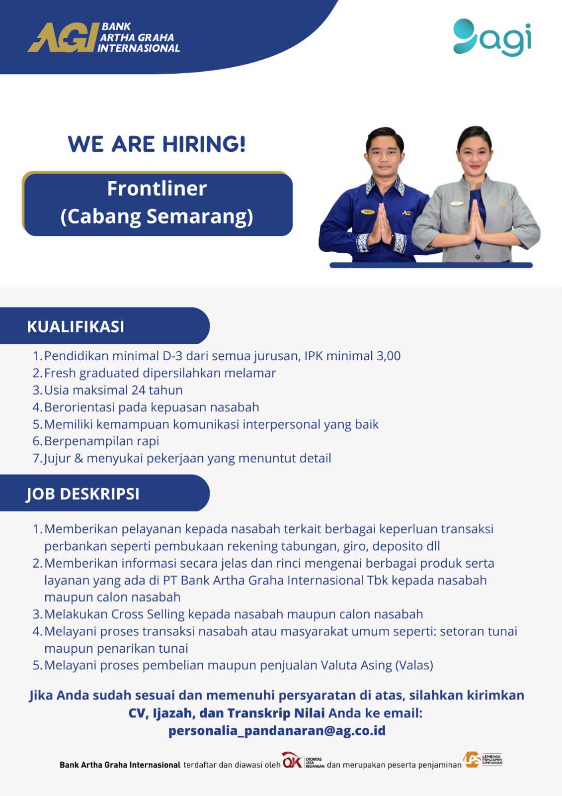 LOWONGAN KERJA NOVEMBER 2023 – BANK ARTHA GRAHA INTERNASIONAL – FRONTLINER