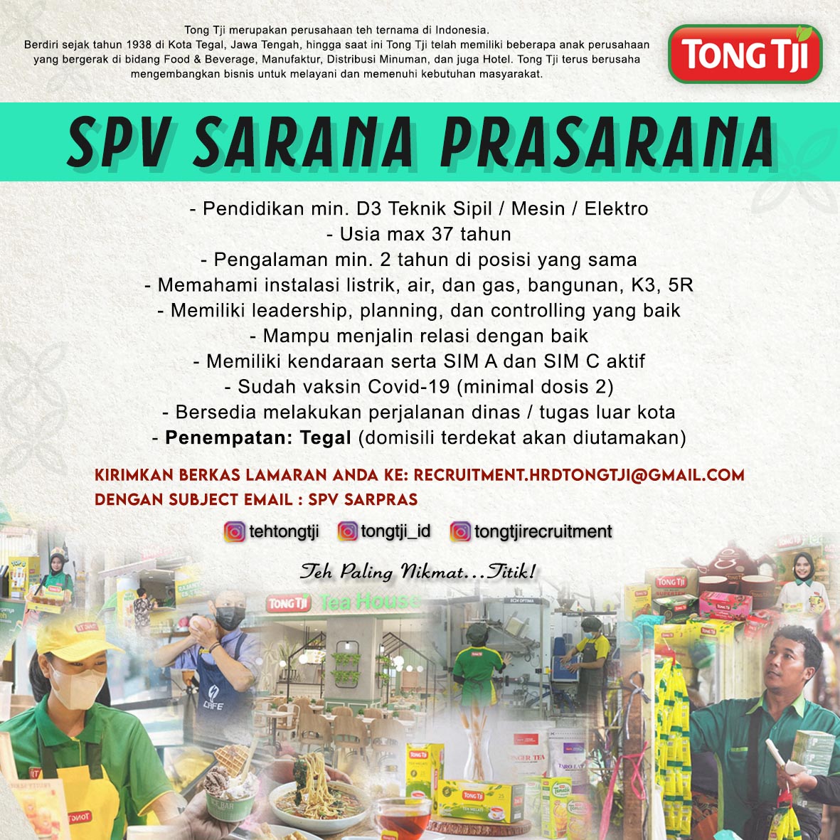 Lowongan kerja Desember 2023 – PT TONG TJI – SPV SARPRAS