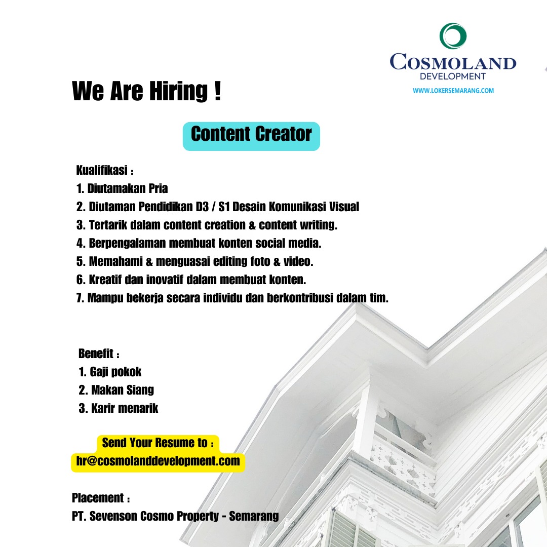 Lowongan Kerja Januari 2024 – COSMOLAND DEVELOPMENT – Content Creator