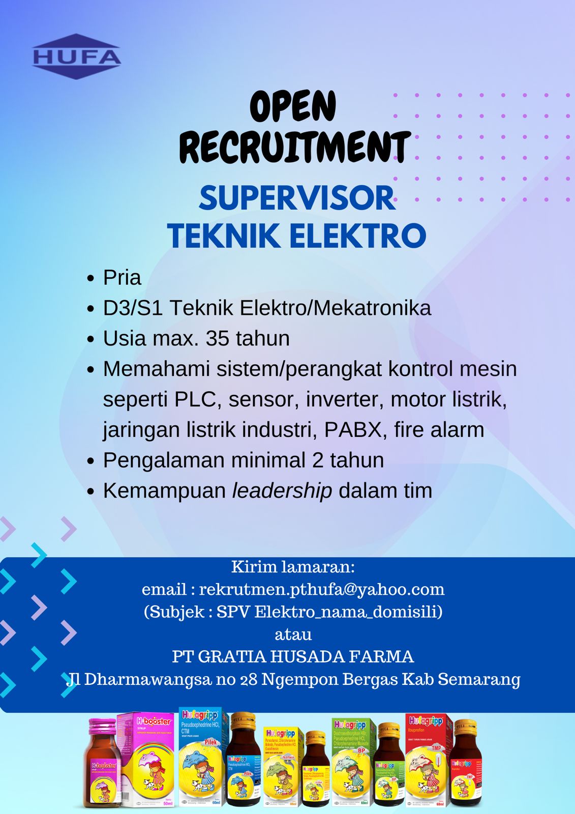 Lowongan Kerja Januari 2024 – HUFA Group – Supervisor Teknik Elektro