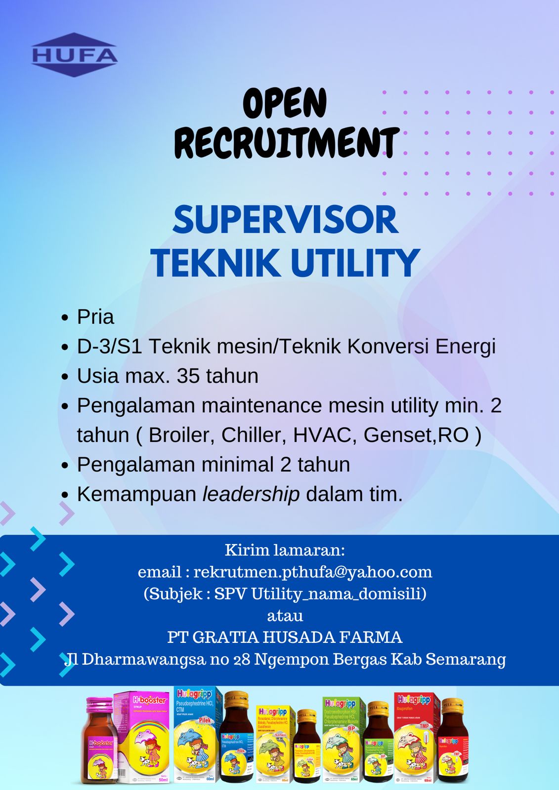 Lowongan Kerja Januari 2024 – HUFA Group – Supervisor Teknik Utility