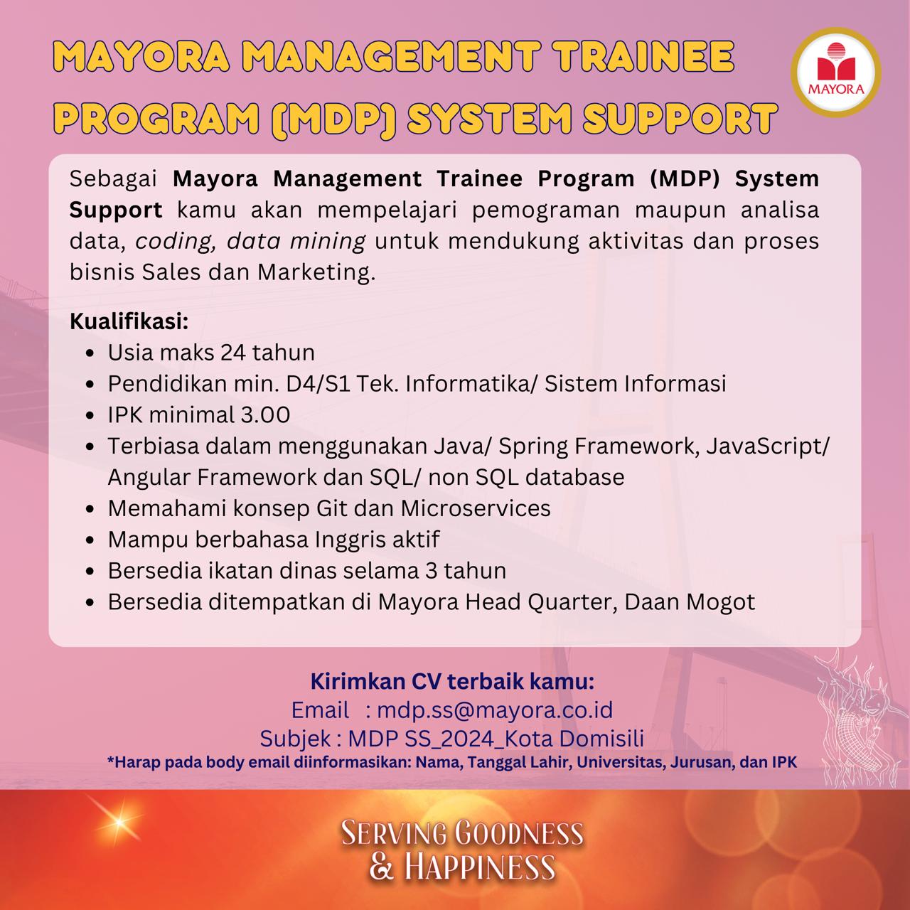 Lowongan Kerja Januari 2024 – MAYORA – MDP SYSTEM SUPPORT