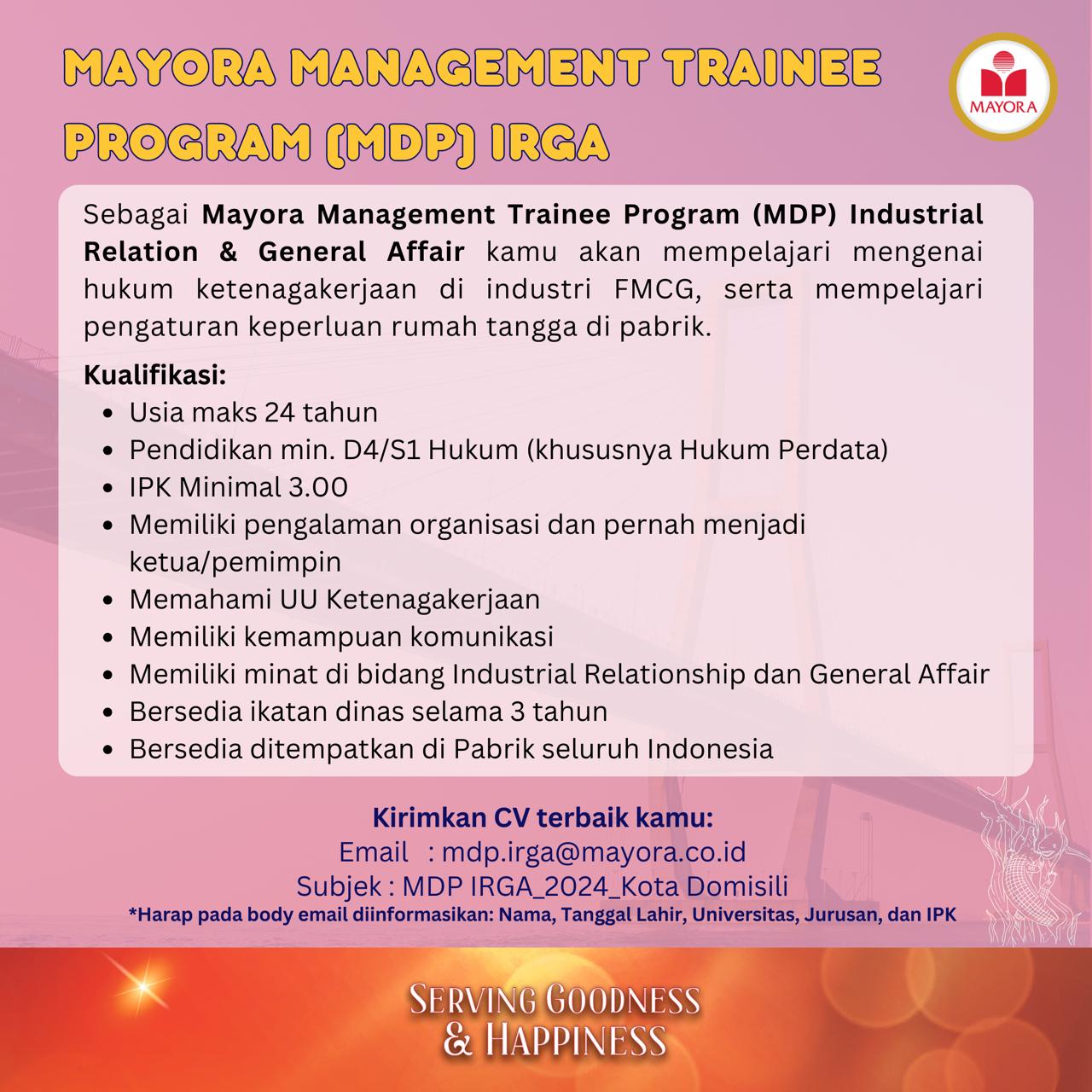 Lowongan Kerja Januari 2024 – Mayora – MDP IRGA