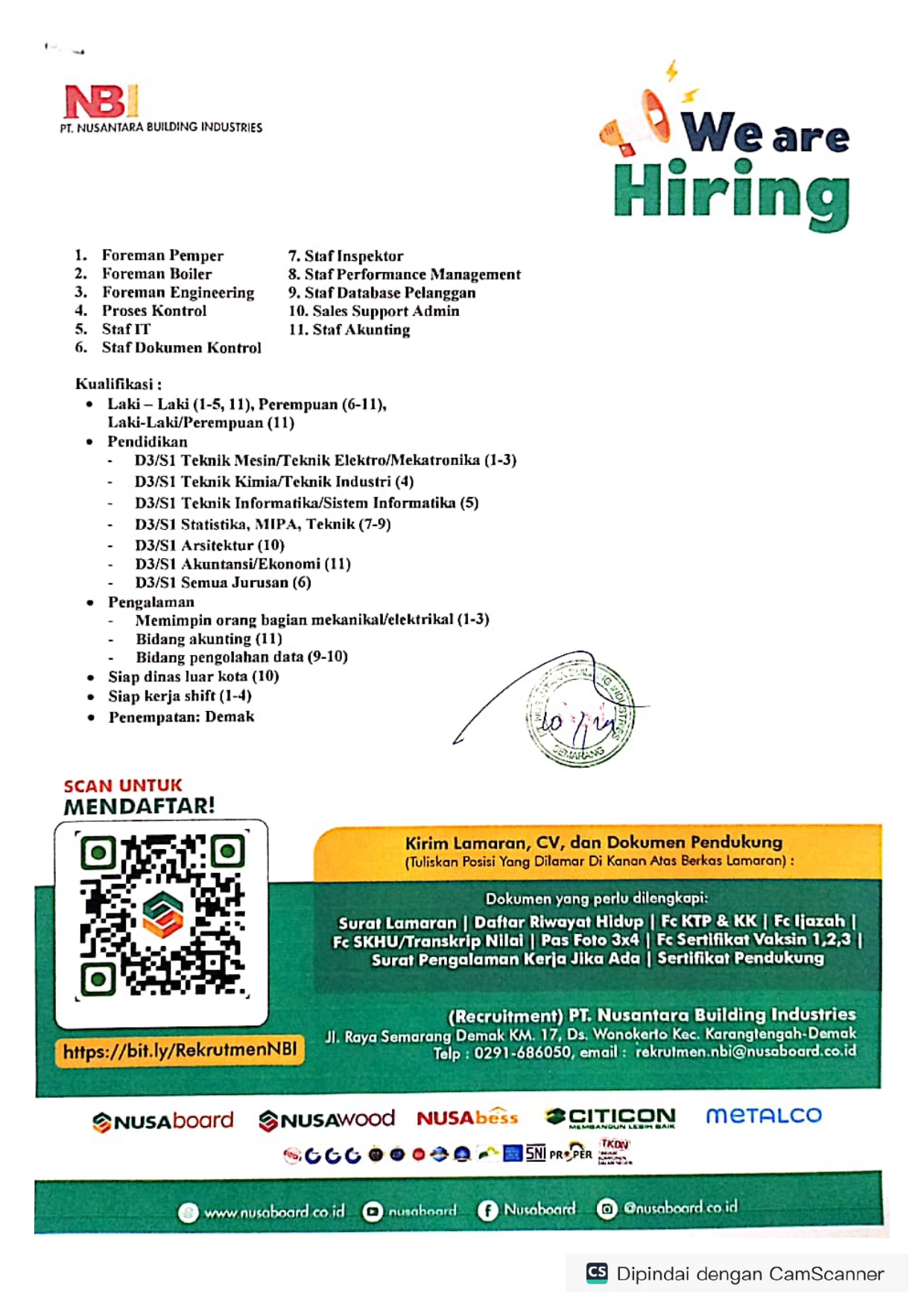 Lowongan Kerja Januari 2024 – Nusantara Building Industries – Staff & Foreman
