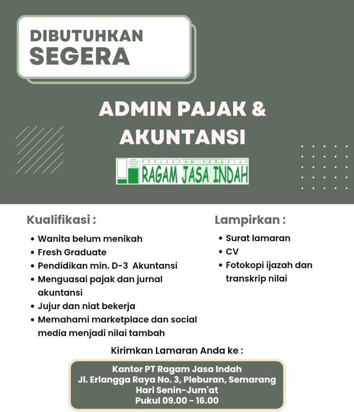 Lowongan Kerja Januari 2024 – PT. Ragam Jasa Indah –  Admin Pajak & Akuntan