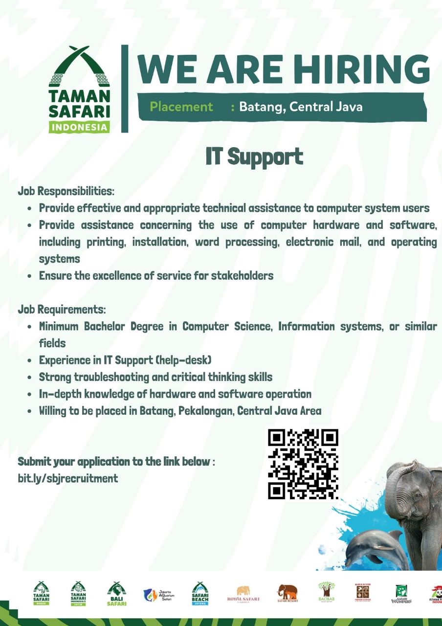 Lowongan Kerja Januari 2024 – TAMAN SAFARI INDONESIA – IT Support