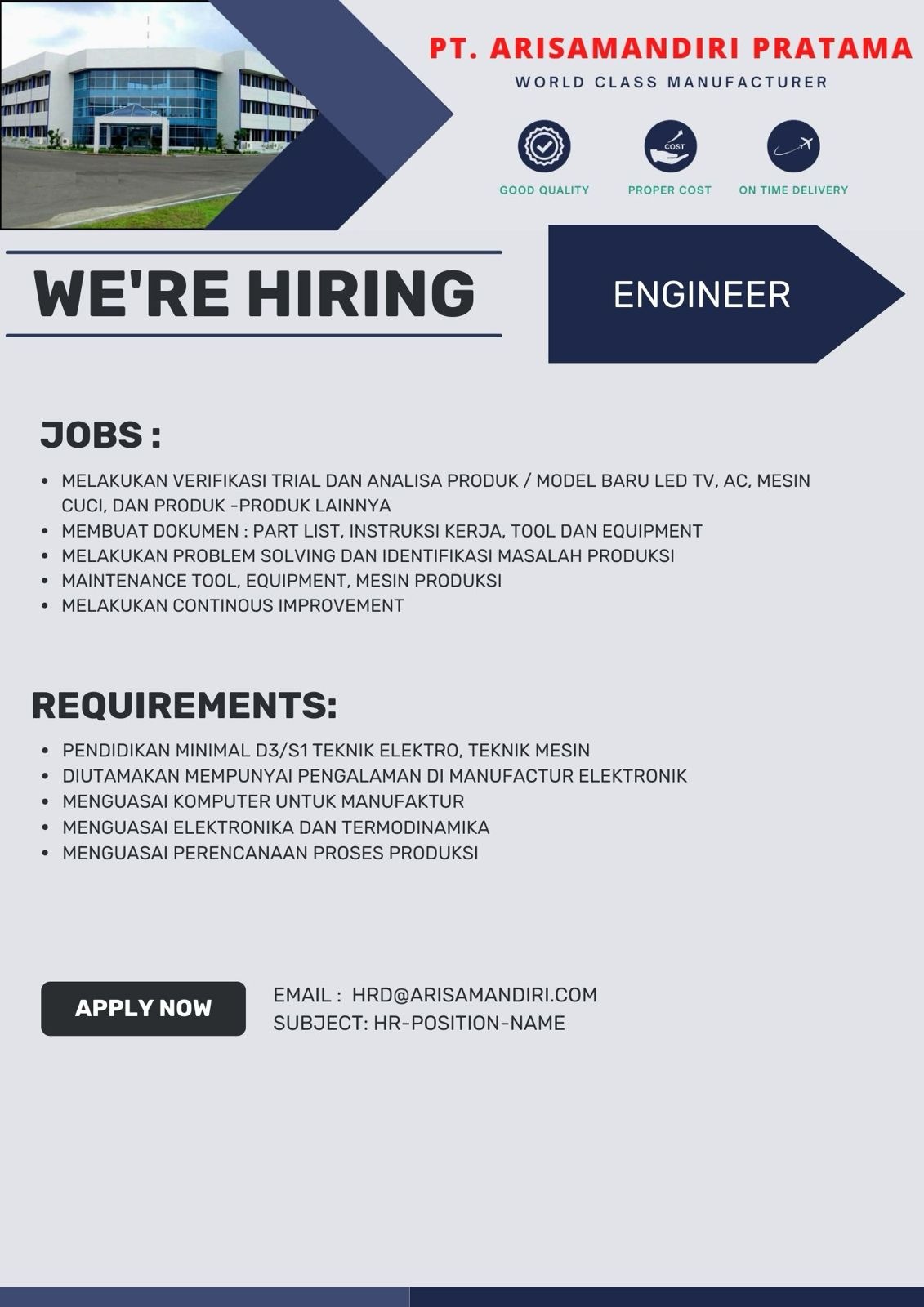 Lowongan Kerja Januari 2024 – PT. ARISAMANDIRI PRATAMA – Engineer