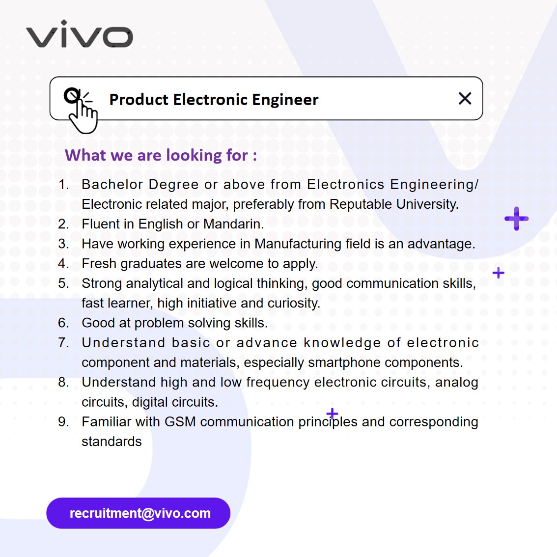 Lowongan kerja Januari 2024 – VIVO – Product Electronic Engineer