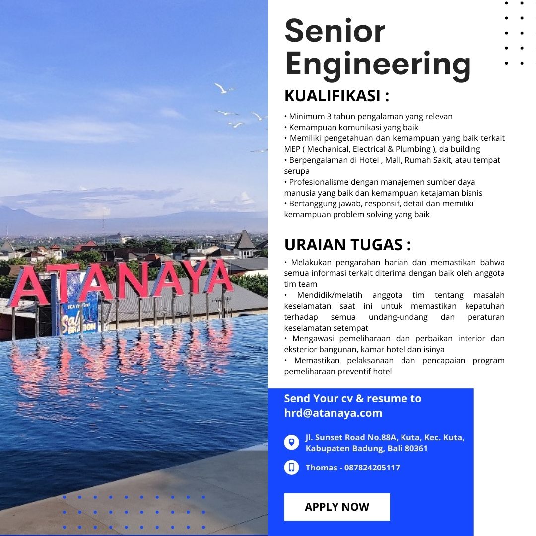 Lowongan Kerja Februari 2024 – ATANAYA – Senior Engineering