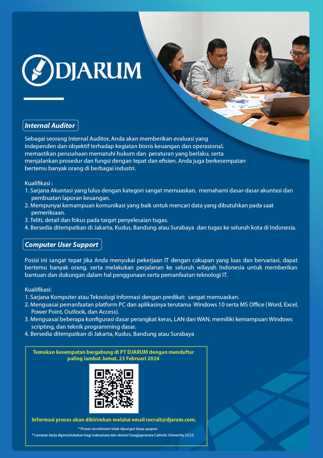 Lowongan Kerja Februari 2024 – Djarum – Internal Auditor & Computer uses Support