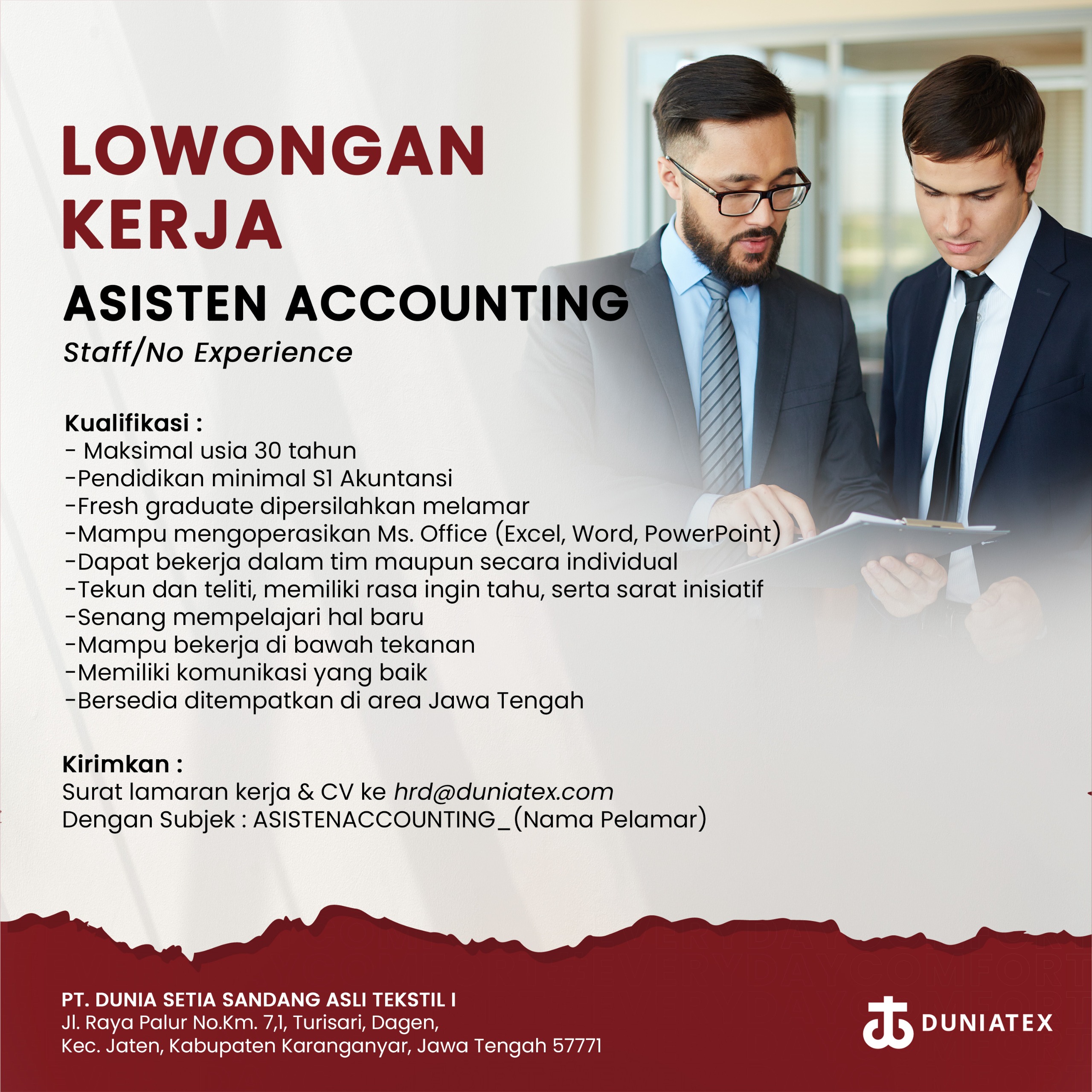 Lowongan Kerja Februari 2024 – Duniatex – Asisten Accounting