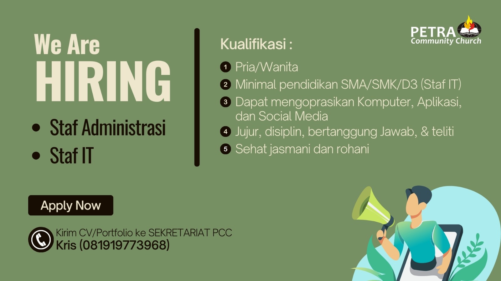 Lowongan Kerja Februari 2024 – PETRA COMMUNITY CHURCH – Staff Administrasi & Staff IT