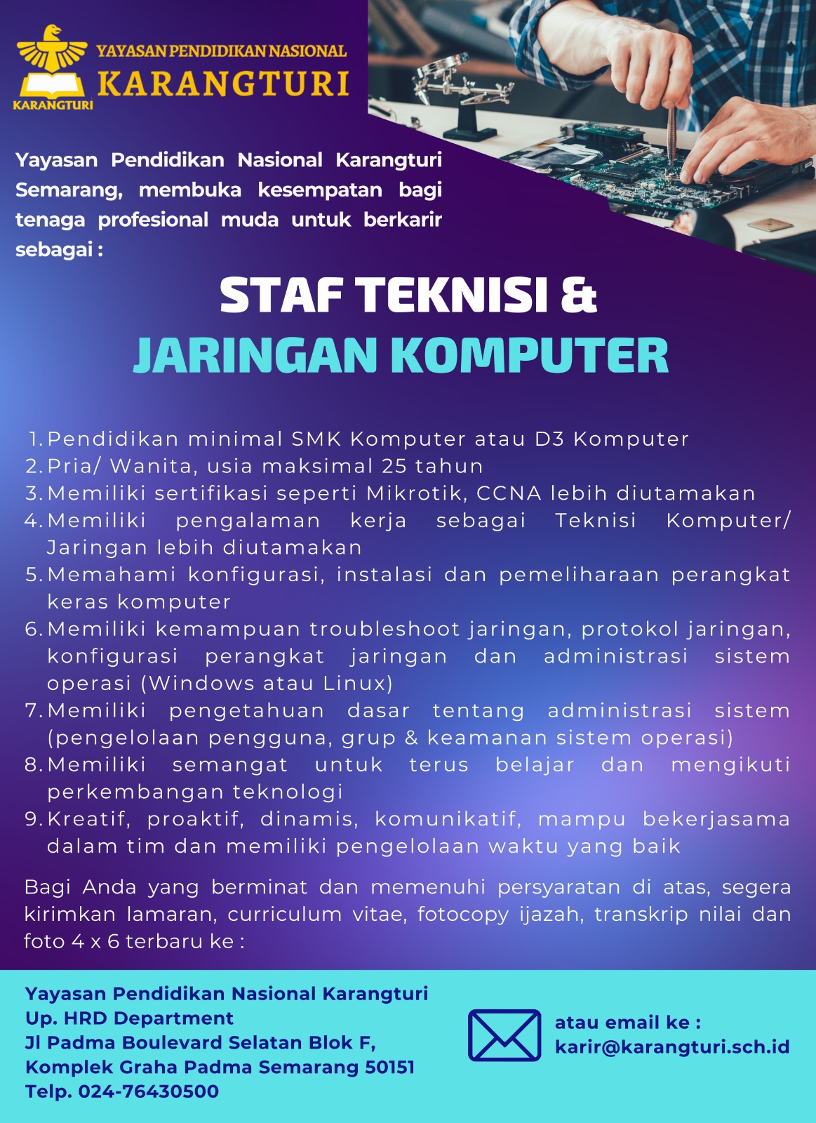 Lowongan Kerja Februari 2024 – Yayasan Pendidikan Nasional Karangturi – Staf Teknisi & Jaringan Komputer