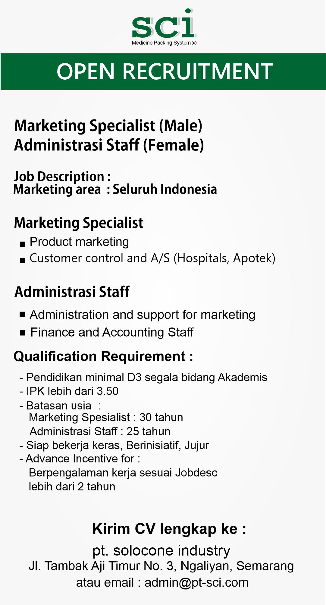 Lowongan kerja Februari 2024 – PT SCI – Marketing Specialist & Adminstrasi Staff