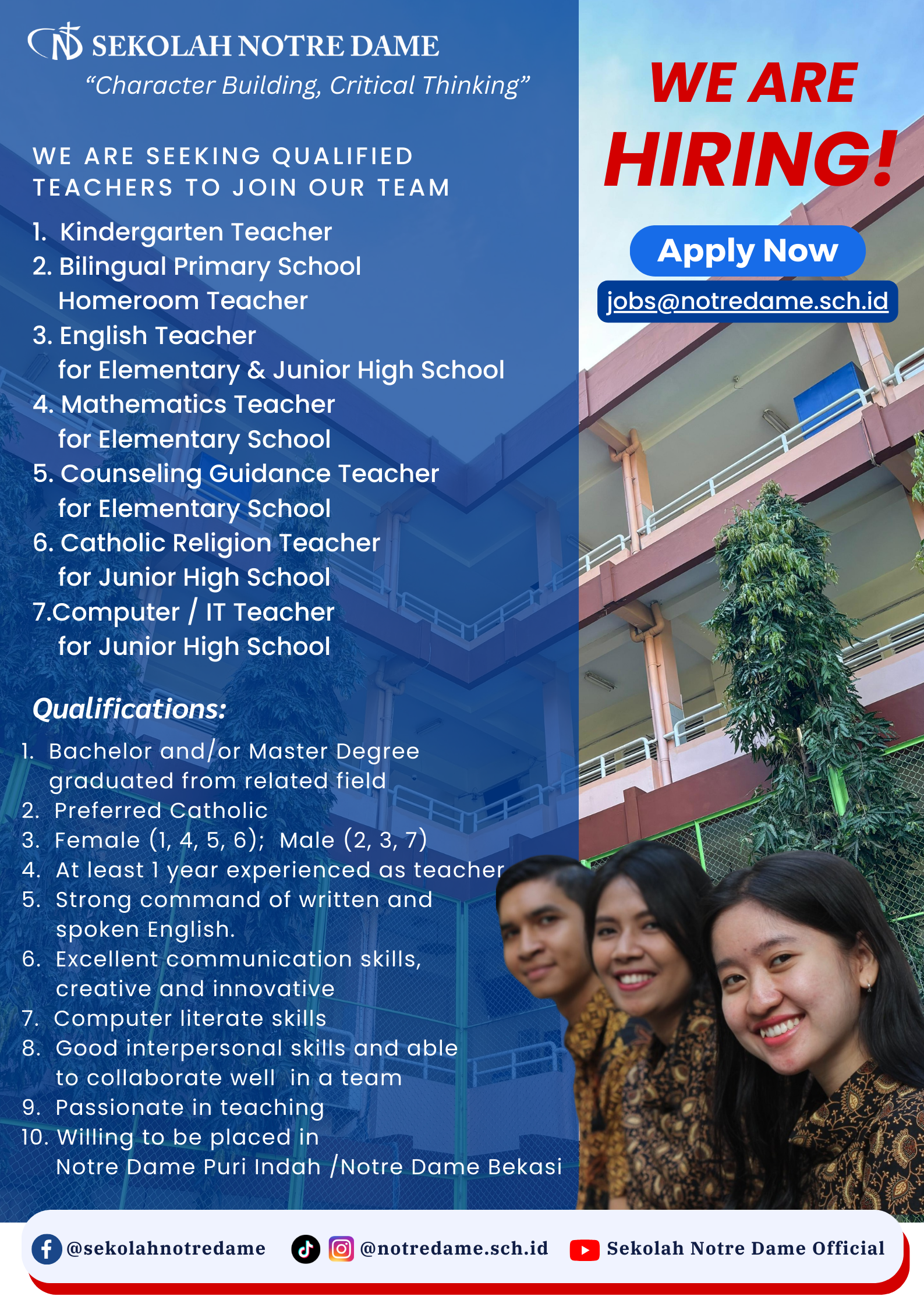Lowongan kerja Februari 2024 – Sekolah Notre Dame – Teacher