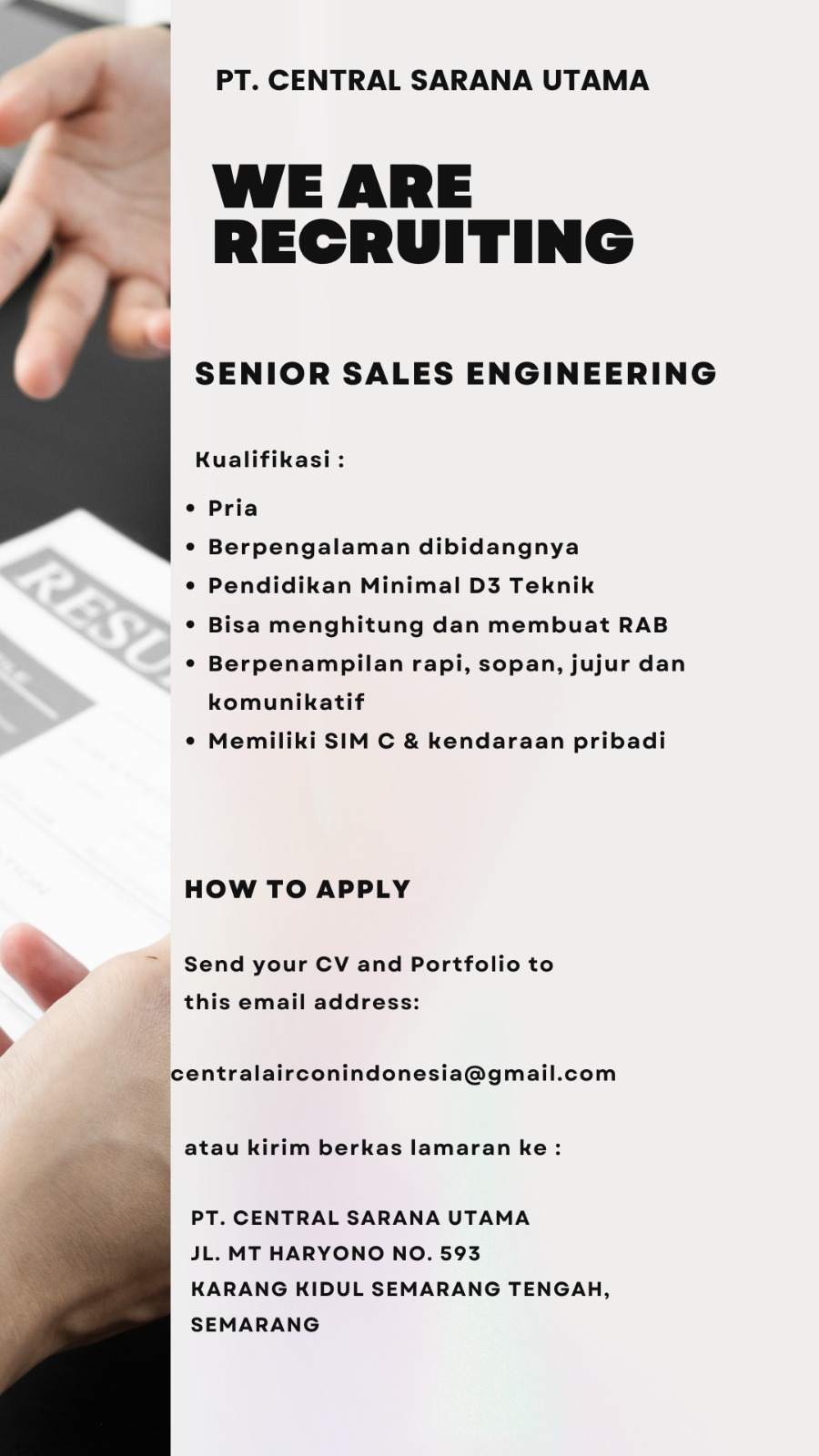 Lowongan Kerja Maret 2024 – PT. CENTRAL SARANA UTAMA – Senior Sales Engineering