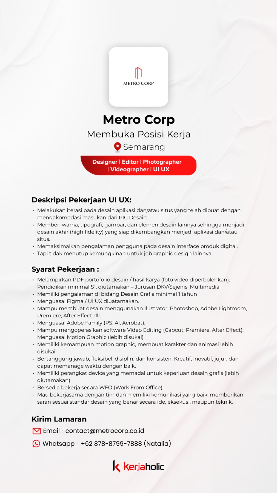 Lowongan Kerja Maret 2024 – METRO CORP – Designer, Photographer, Videographer