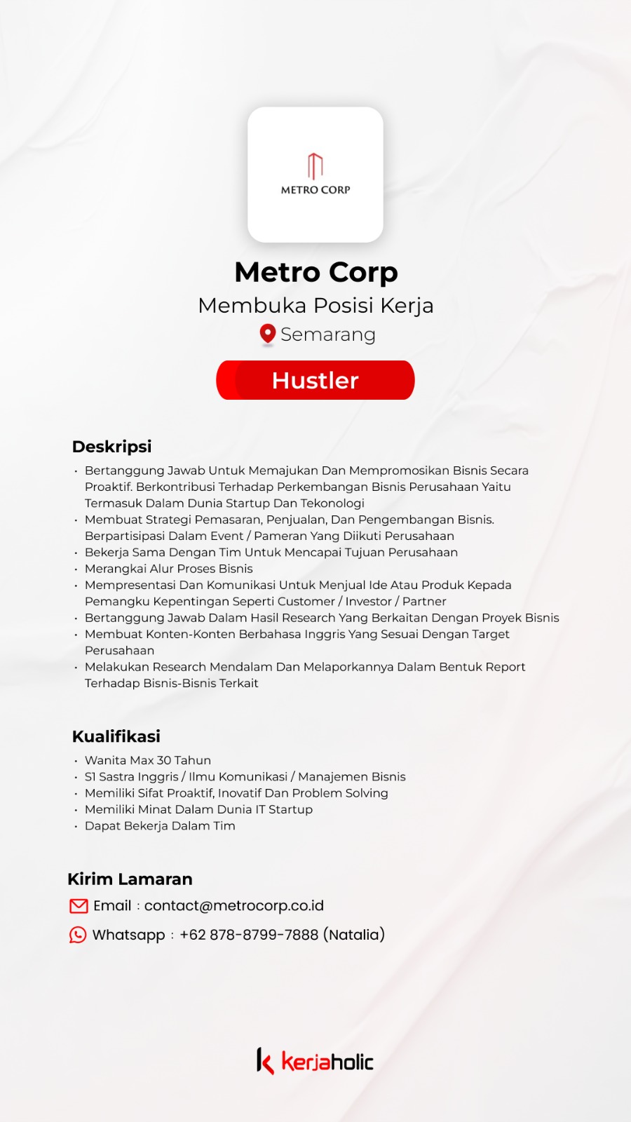 Lowongan Kerja Maret 2024 – METRO CORP – Hustler