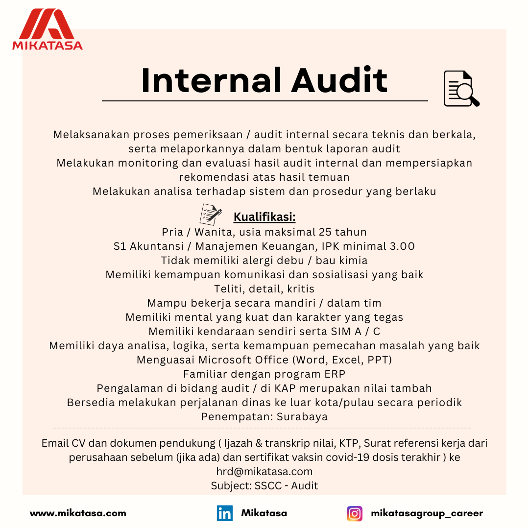 Lowongan Kerja Maret 2024 – MIKATASA – Internal Audit