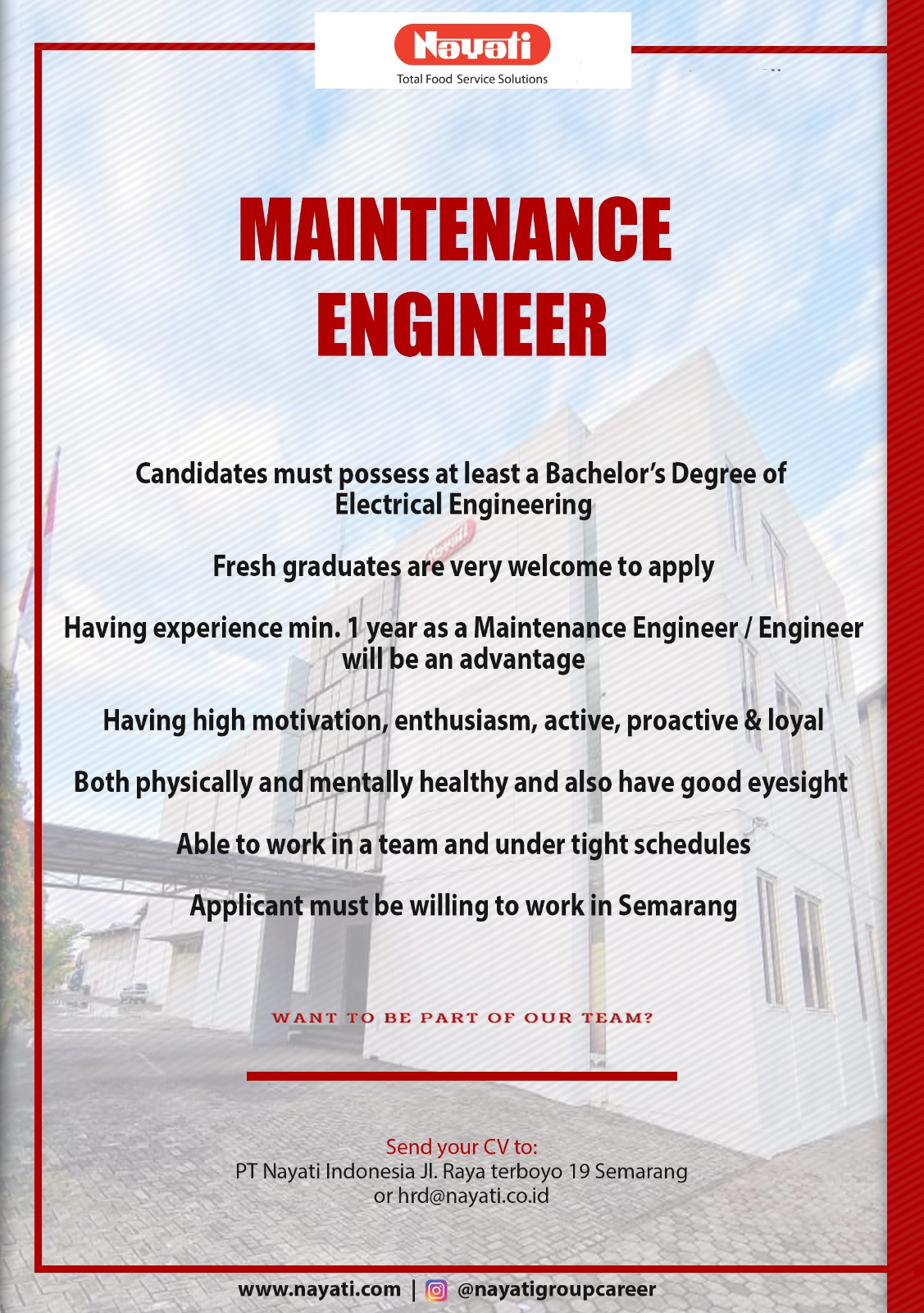 Lowongan Kerja Maret 2024 – NAYATI – Maintenance Engineer